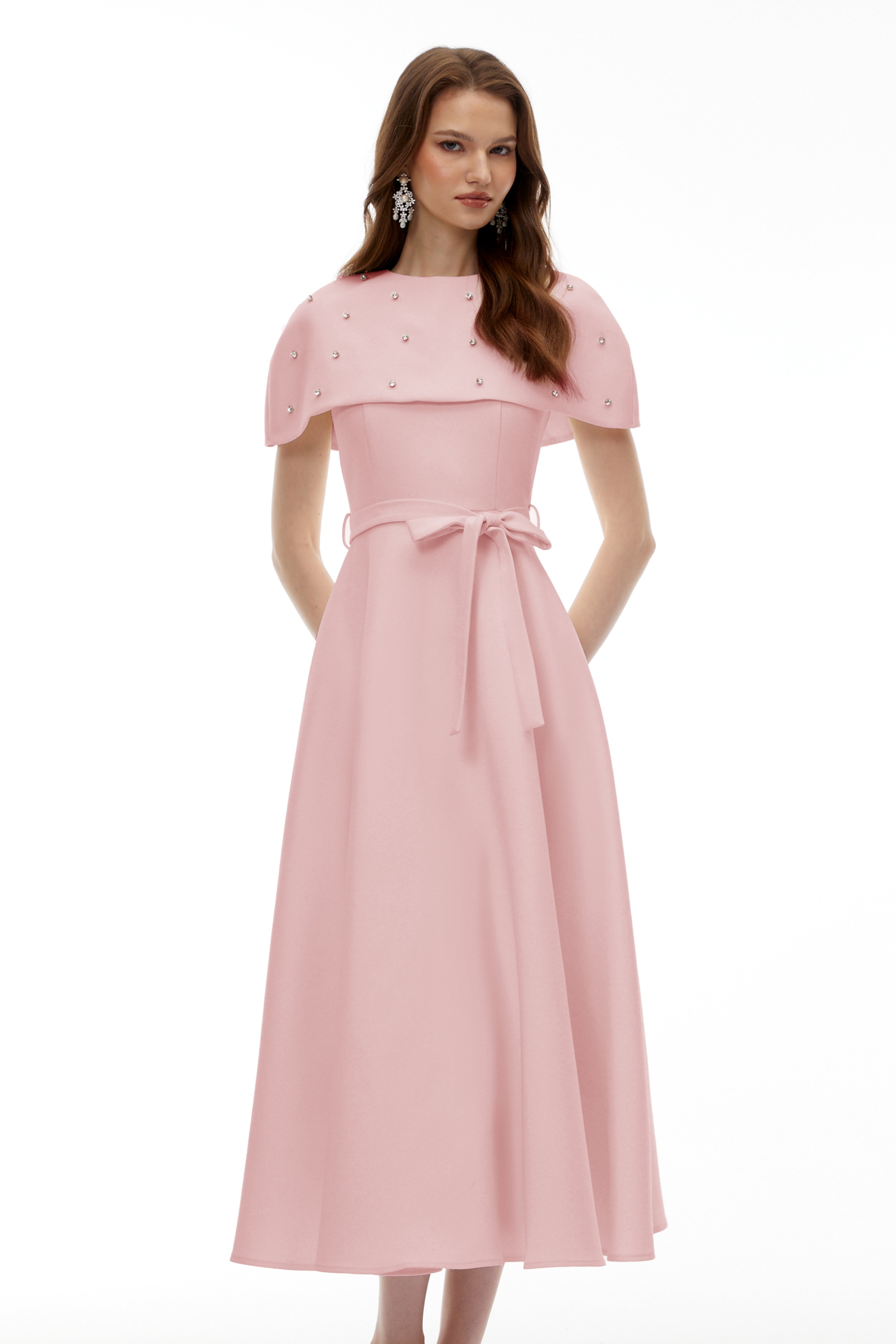 Sawda Pink Embellished Midi Dress with Cape (Final Sale-US Only)