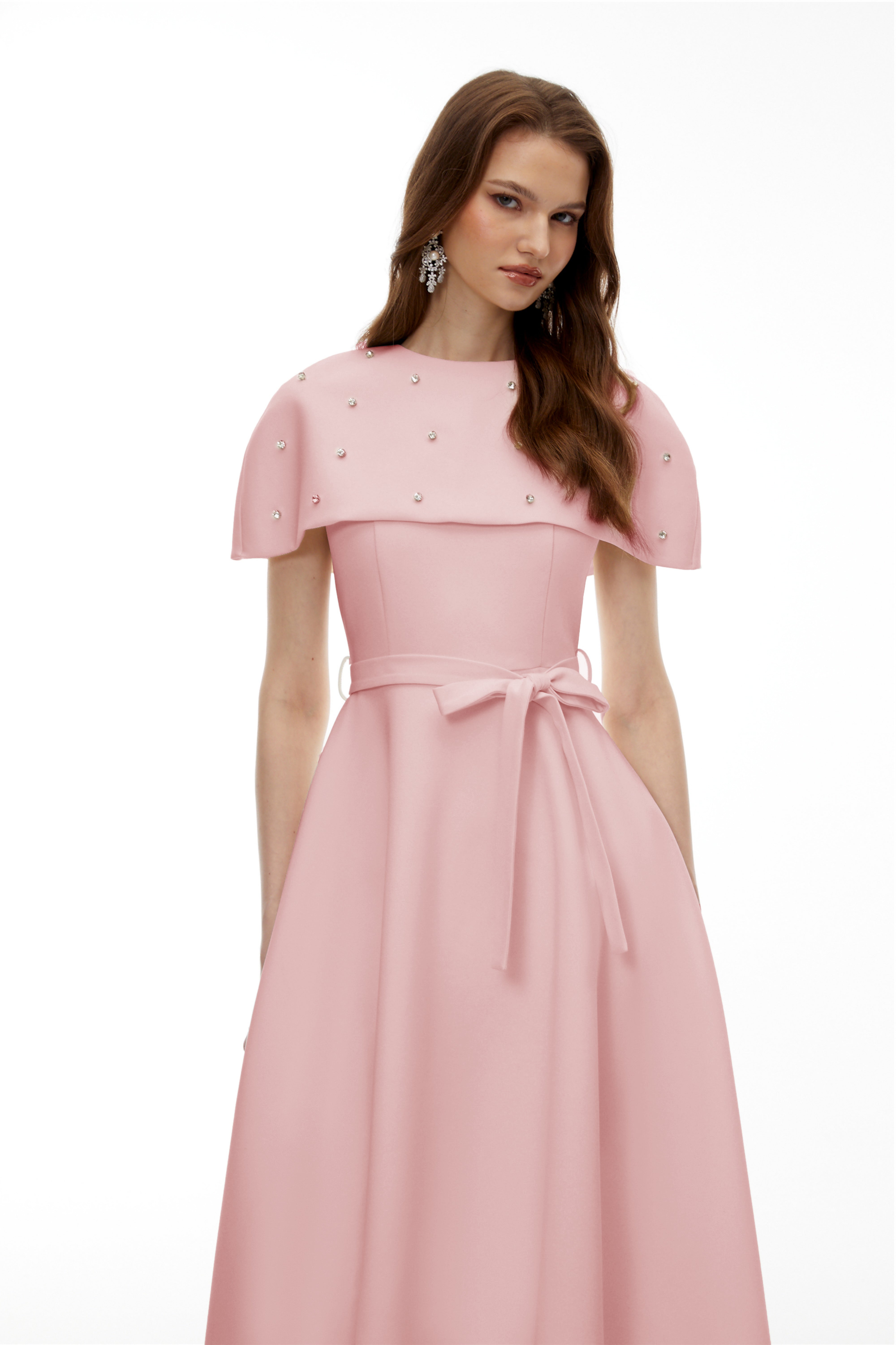 Sawda Pink Embellished Midi Dress with Cape (Final Sale-US Only)