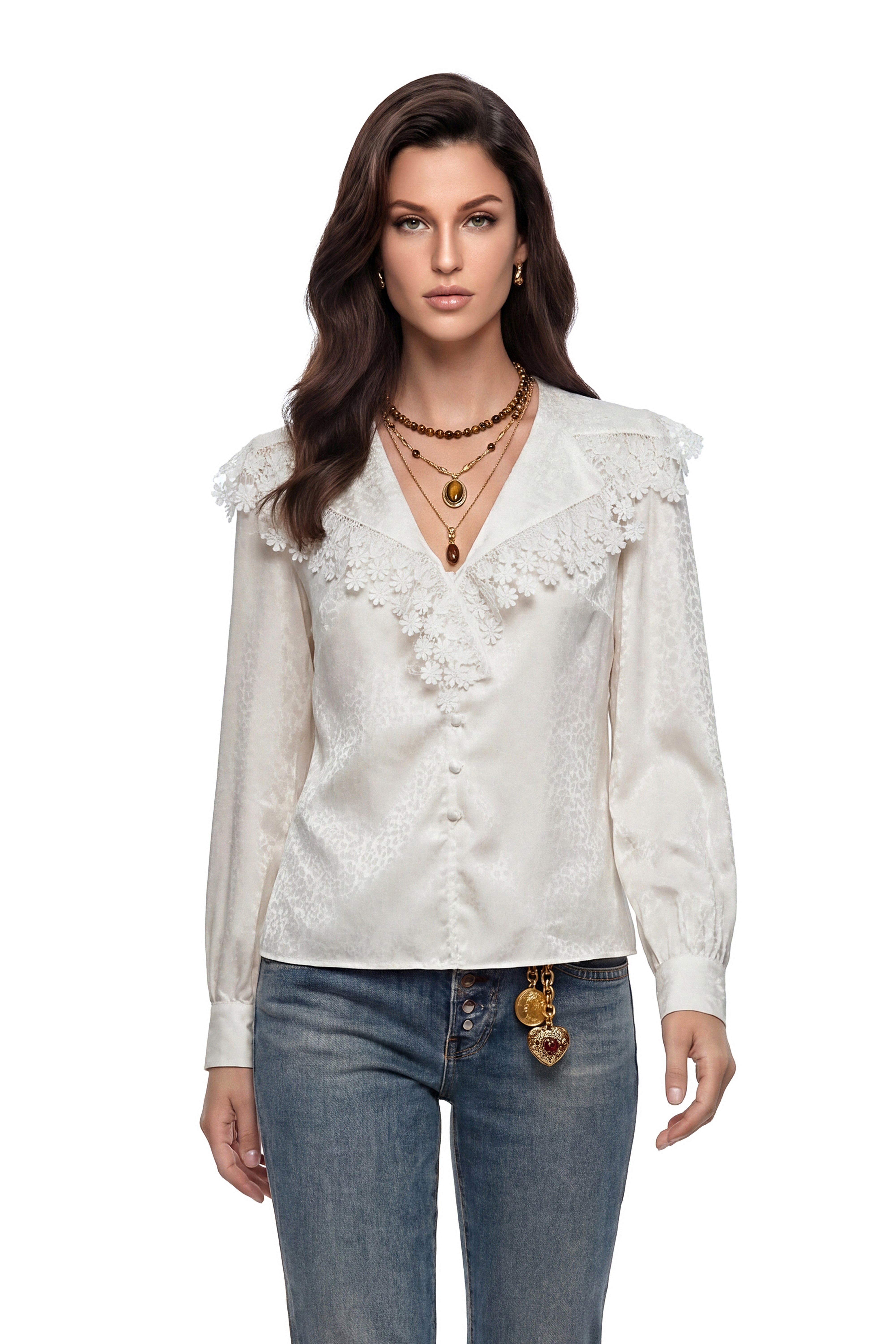 Scylla White V-Neck Floral Lace Cape Blouse