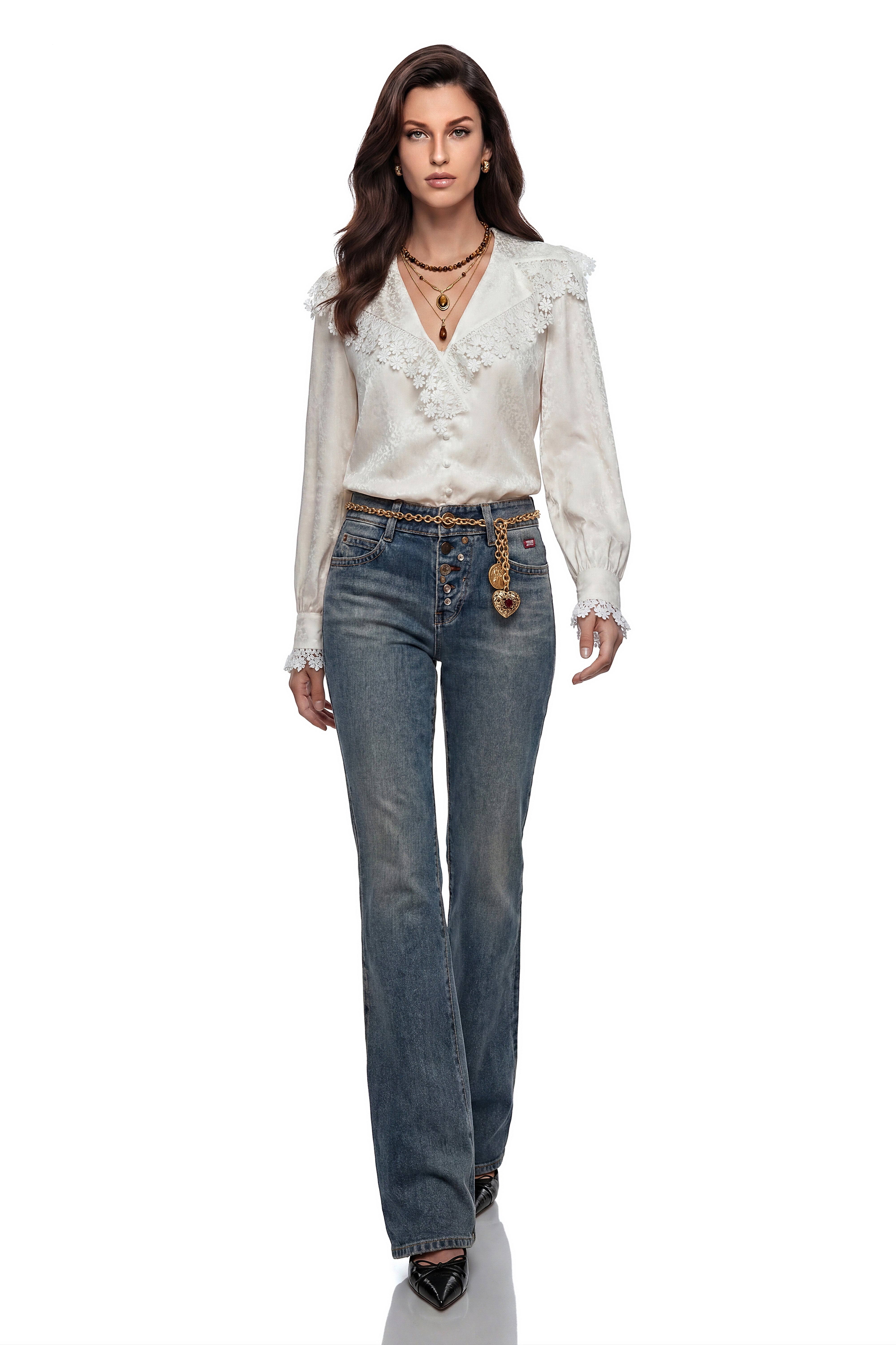 Scylla White V-Neck Floral Lace Cape Blouse