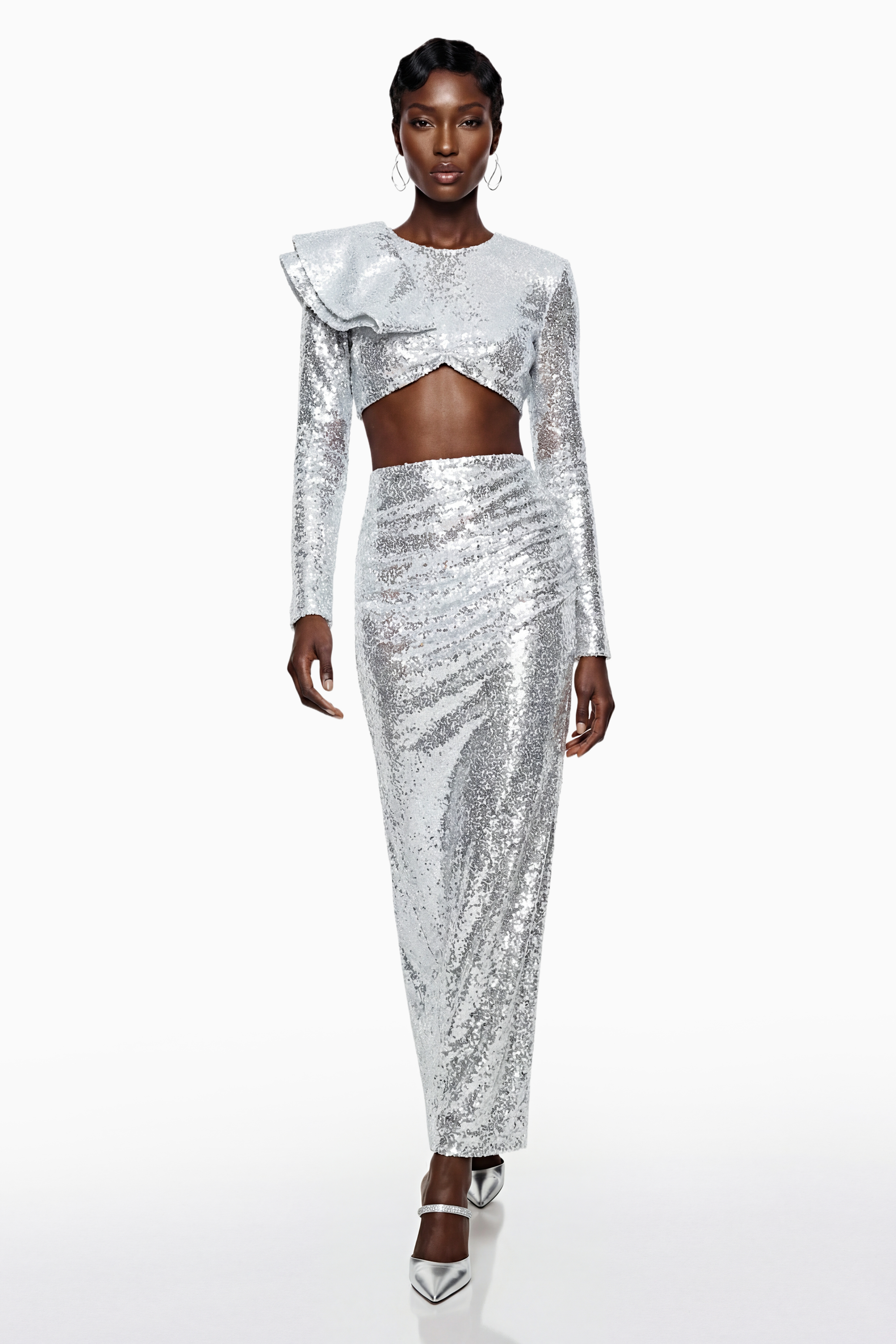Selah Silver Asymmetrical Top & Skirt Set with Slit (Final Sale)