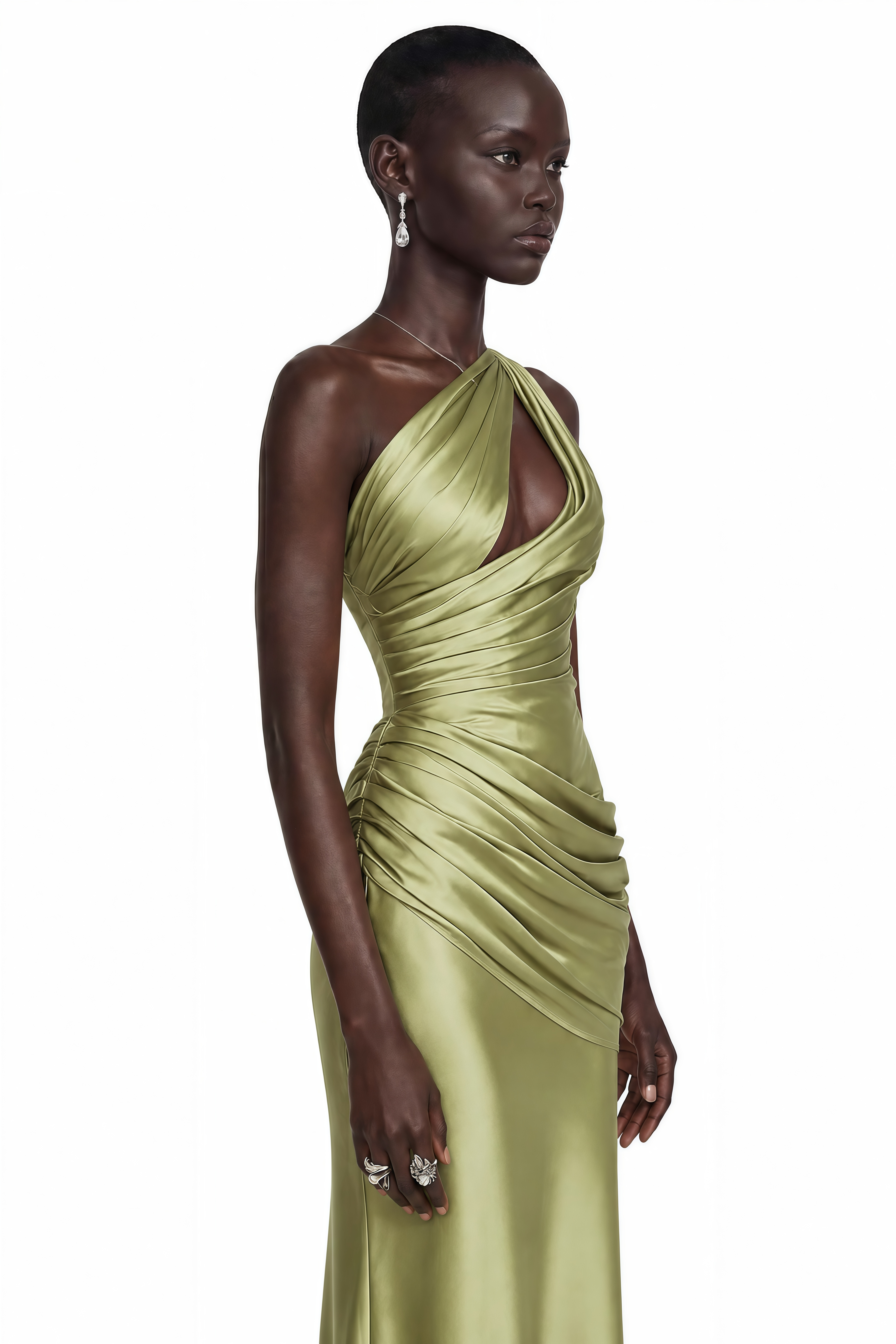 Sage green satin one-shoulder maxi dress with a cutout bodice and draped details