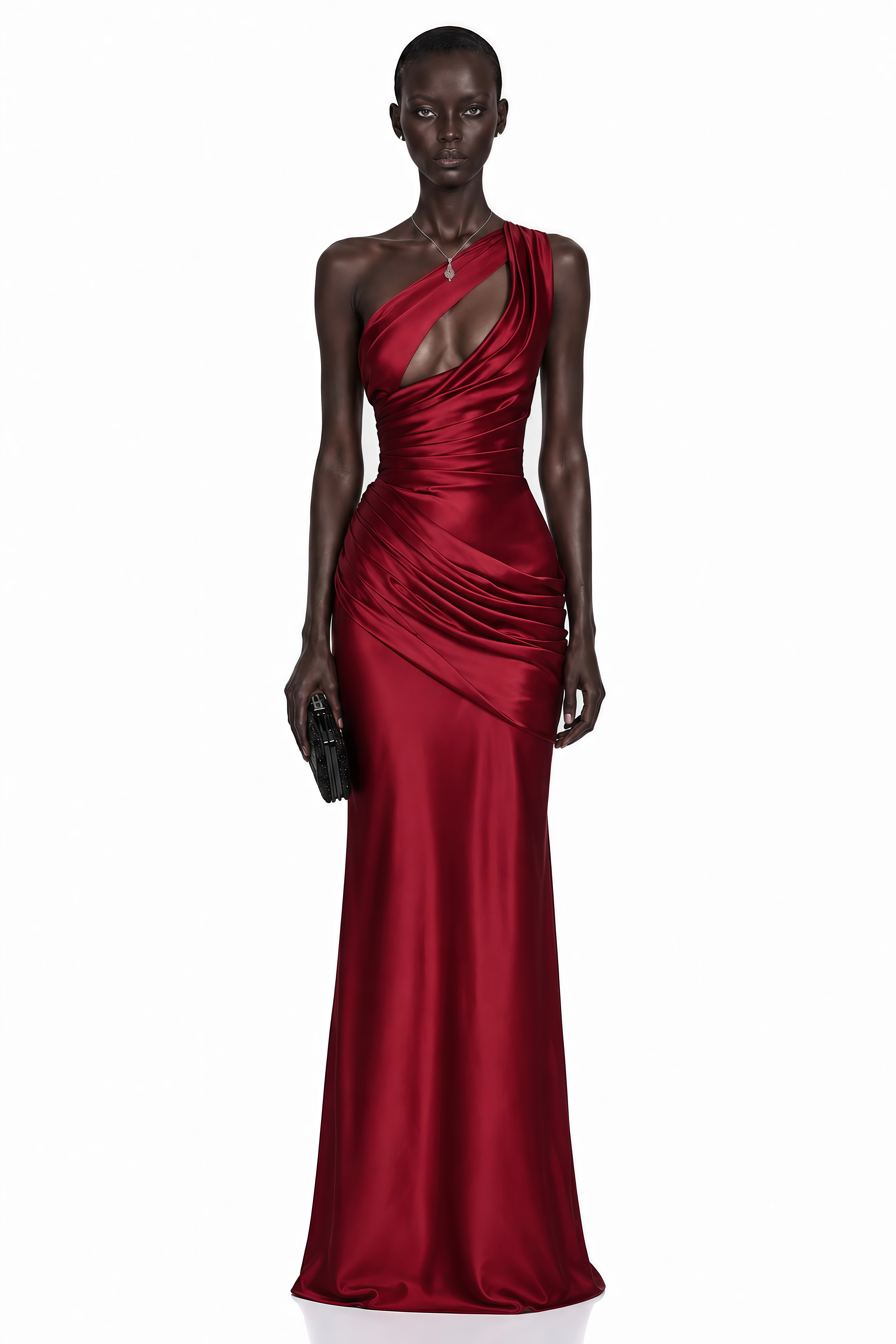 Red satin one-shoulder maxi dress with a cutout bodice and draped details