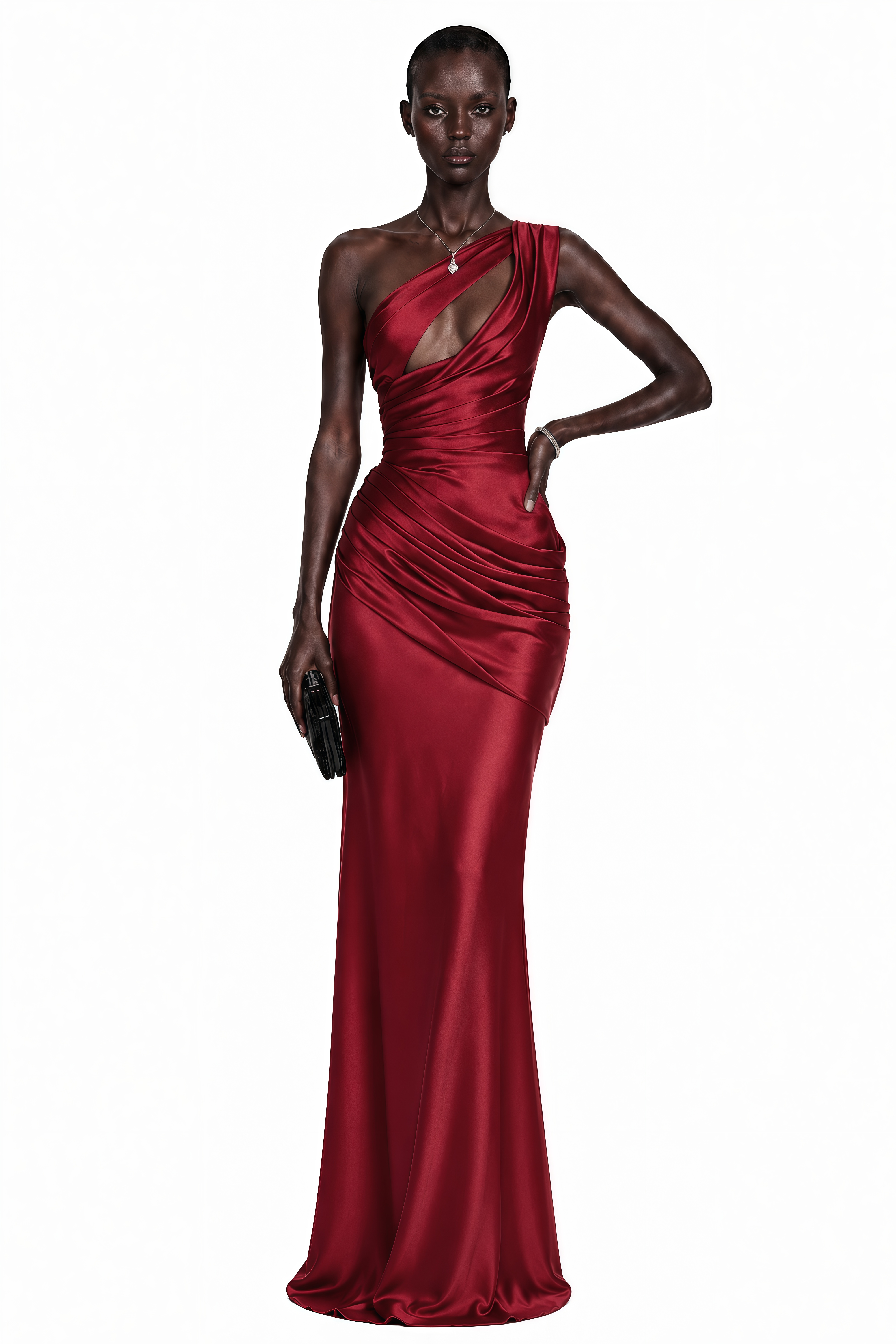 Red satin one-shoulder maxi dress with a cutout bodice and draped details