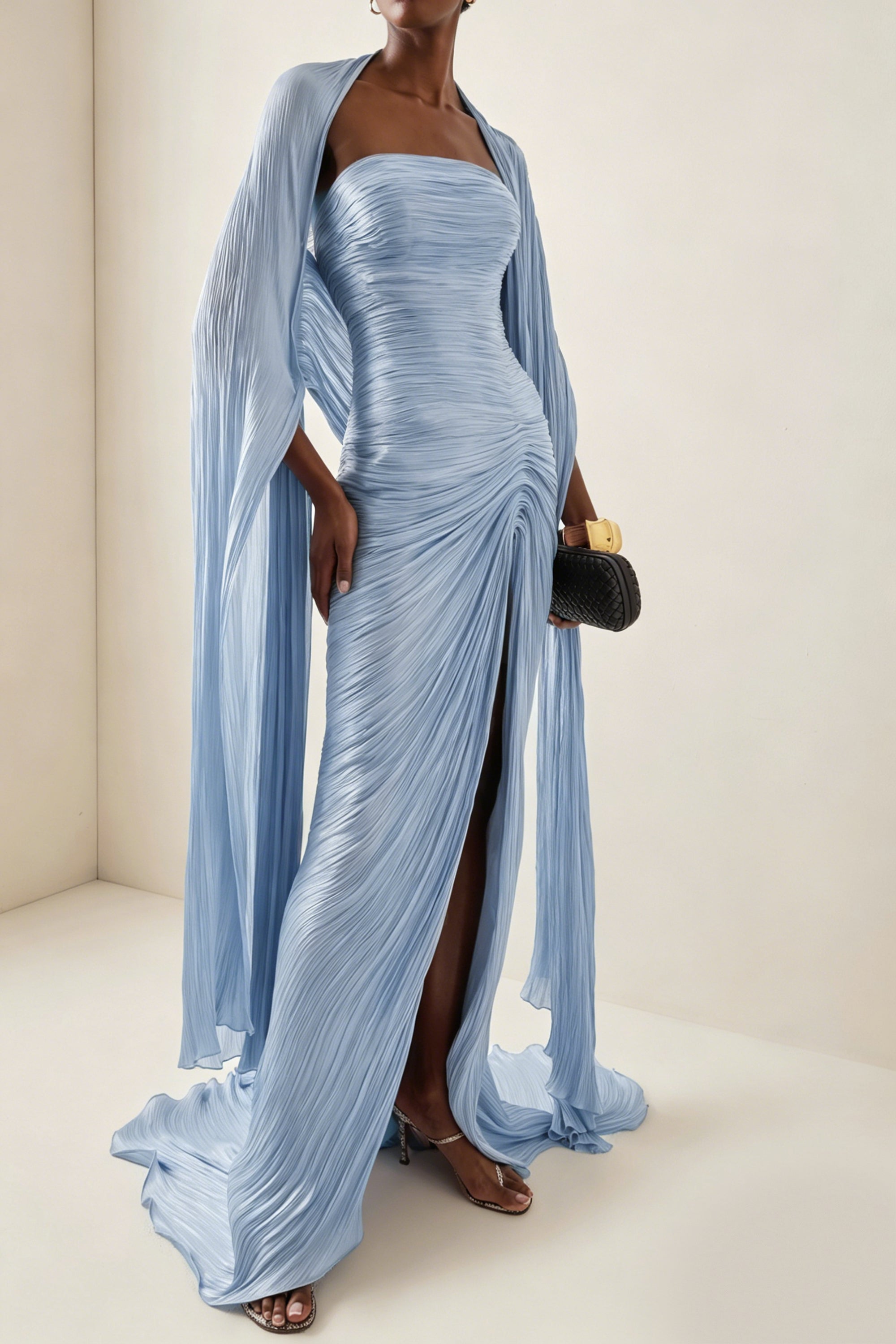 Blue Strapless Plissé Silk-Satin Gown & Cape