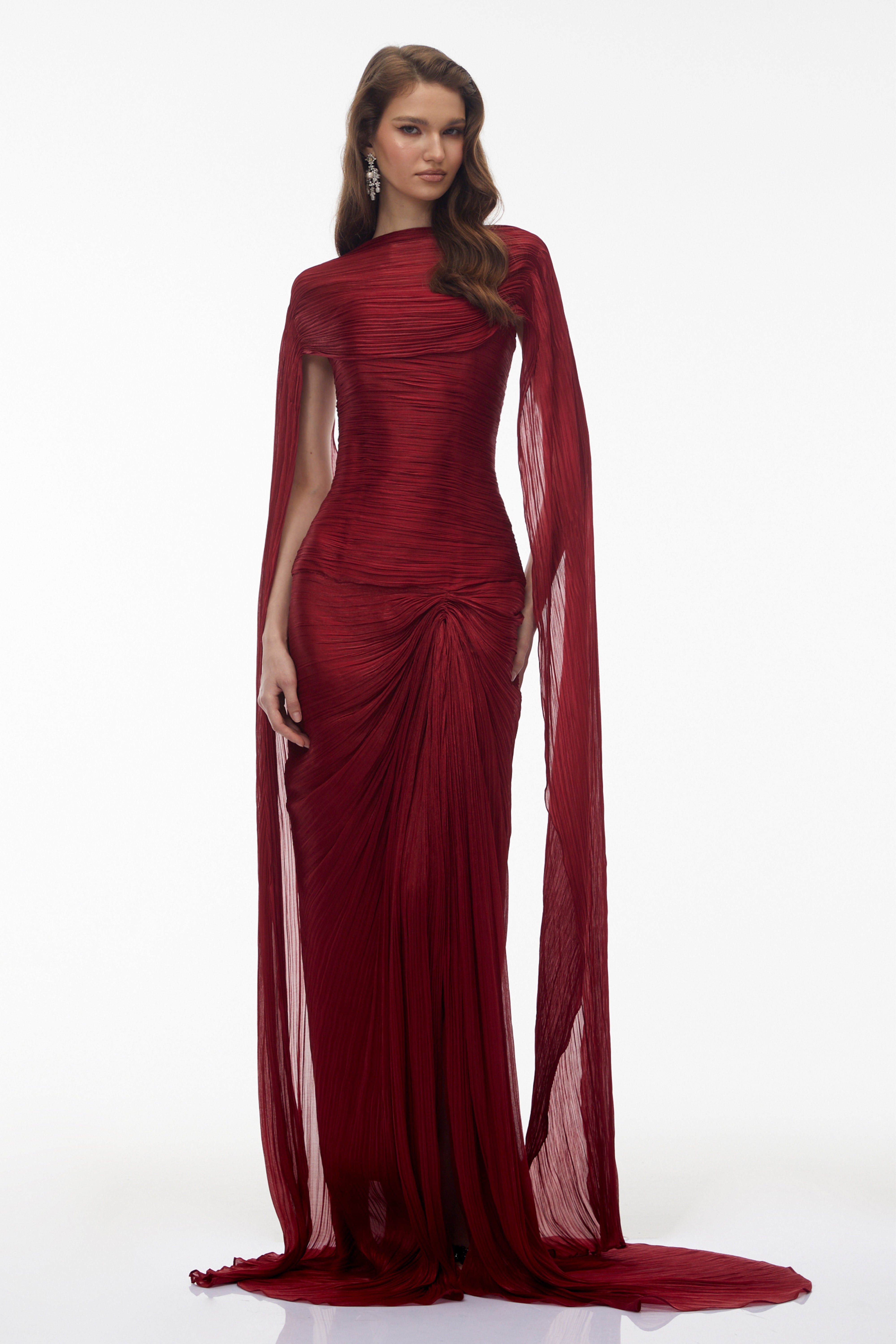 Burgundy Silk-Satin Gown & Asymmetrical Cape