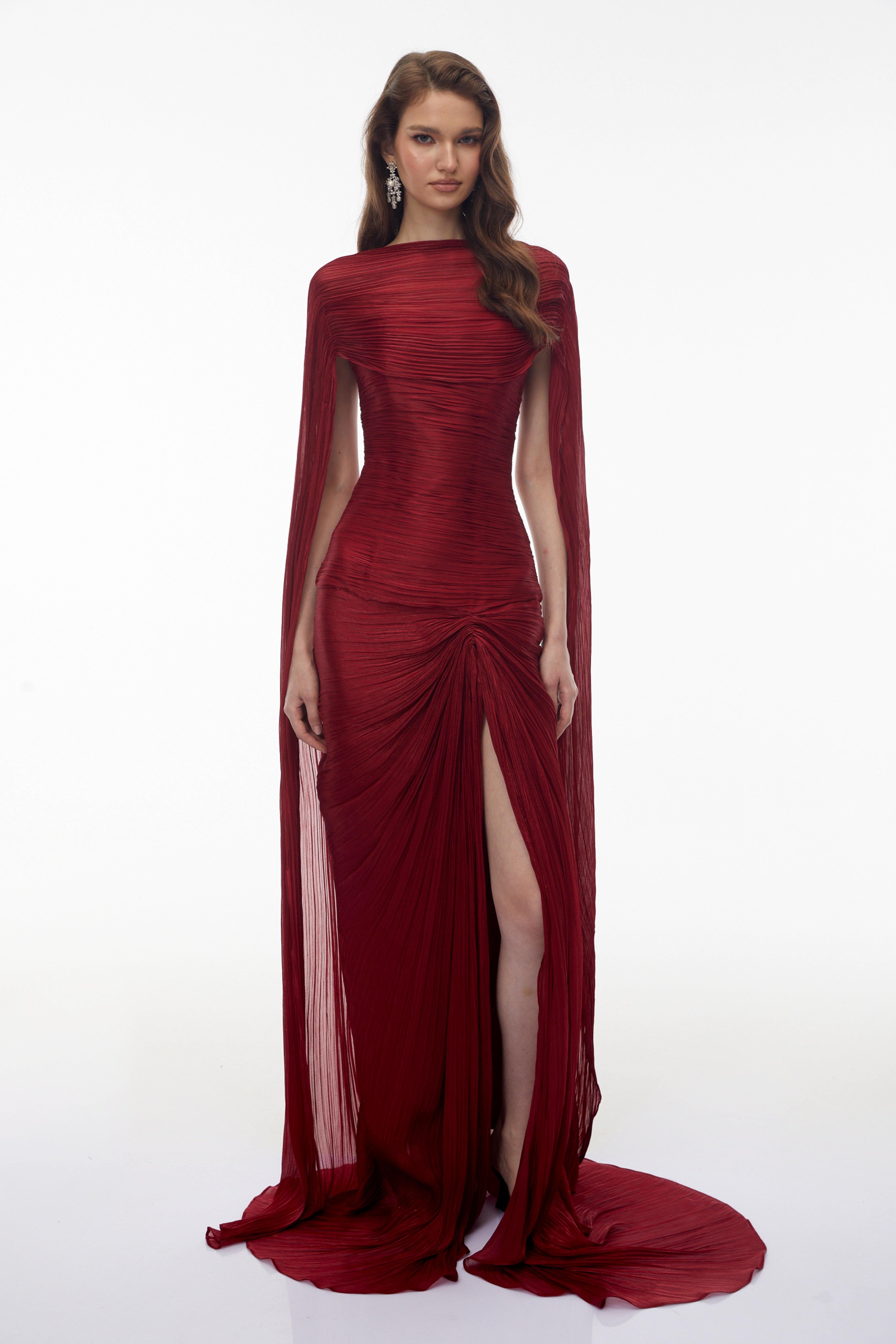 Burgundy Silk-Satin Gown & Asymmetrical Cape