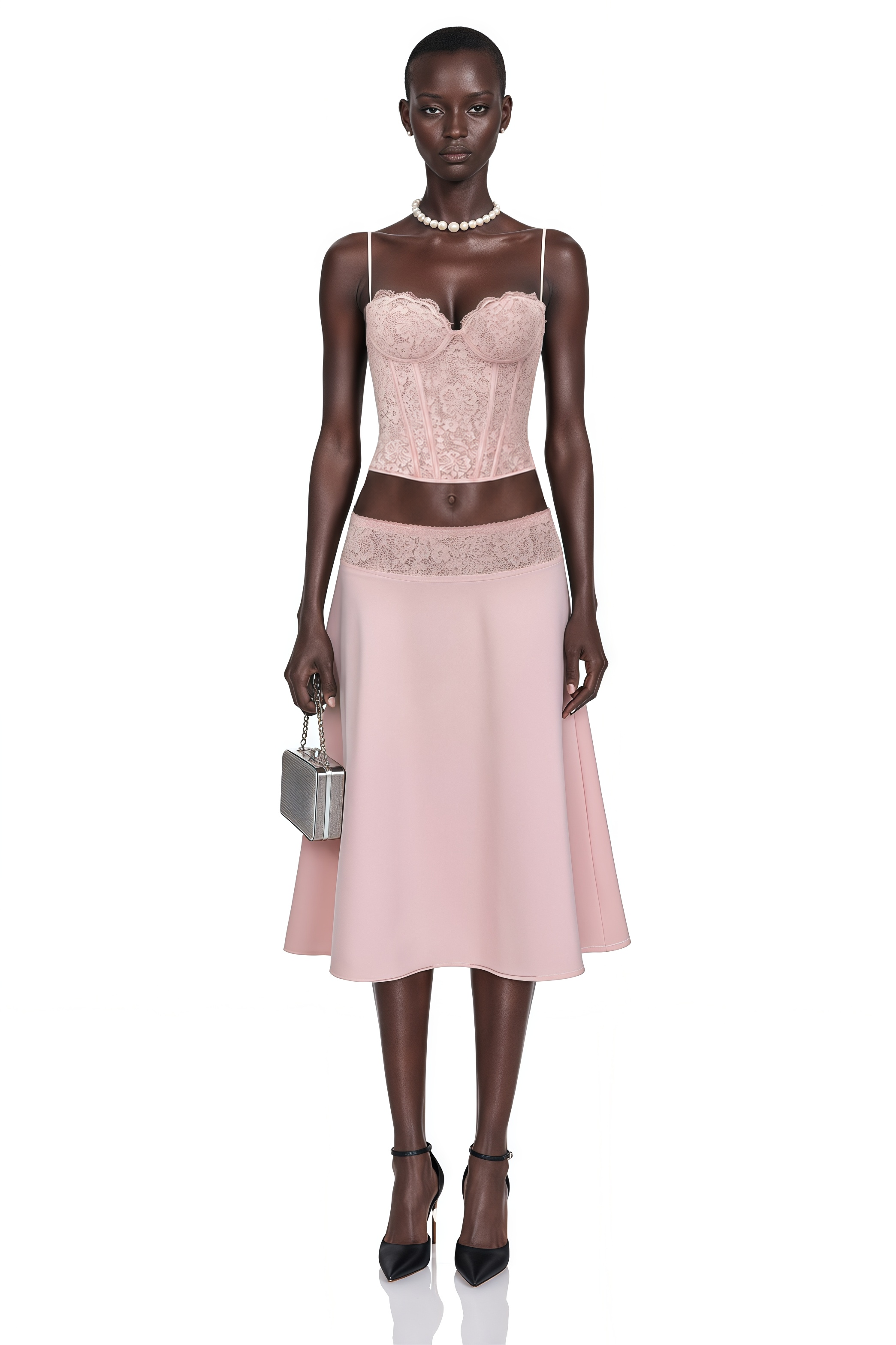 Pink lace corset top paired with an A-line midi skirt