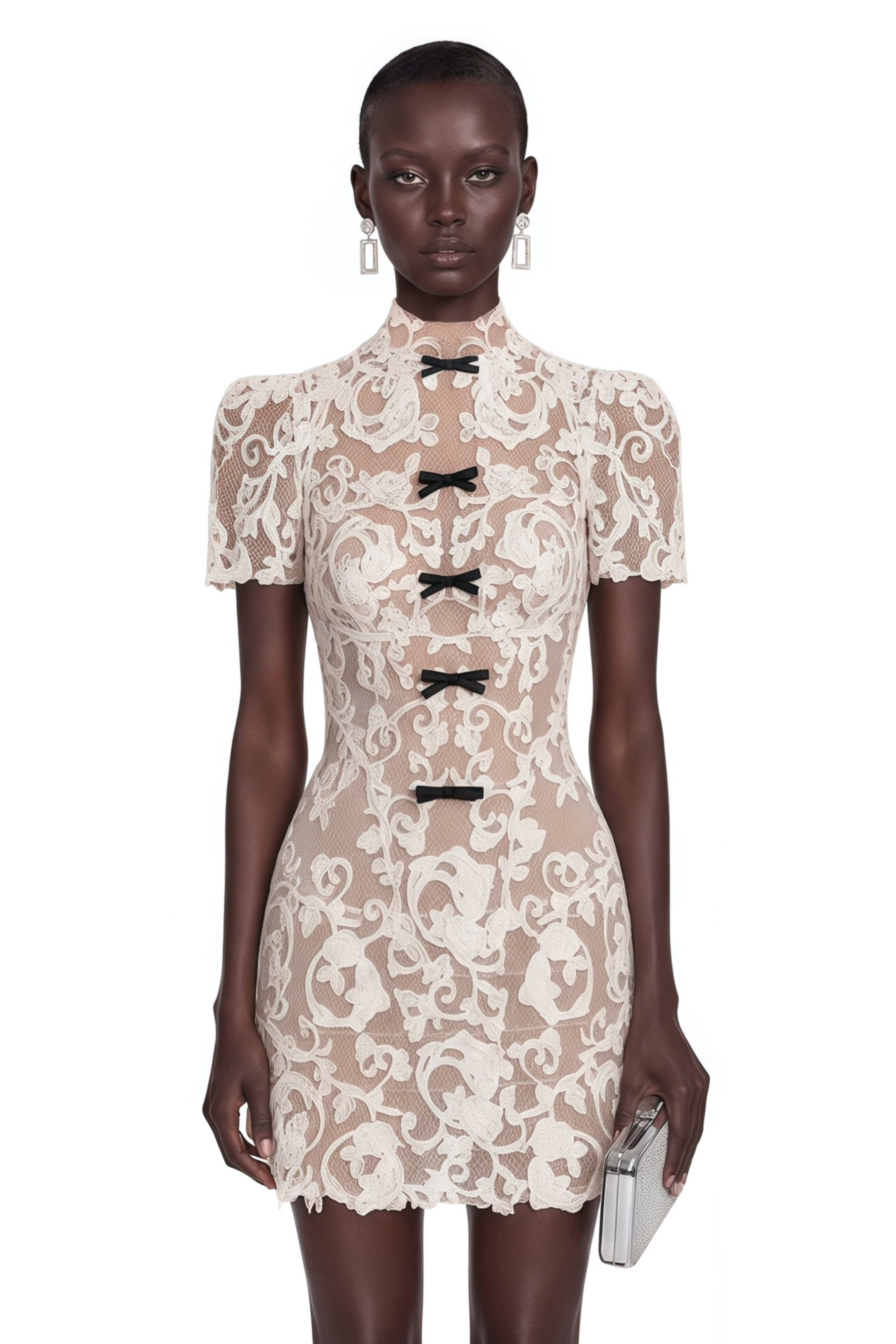 Cream lace high-neck mini dress with short sleeves and front black bow details