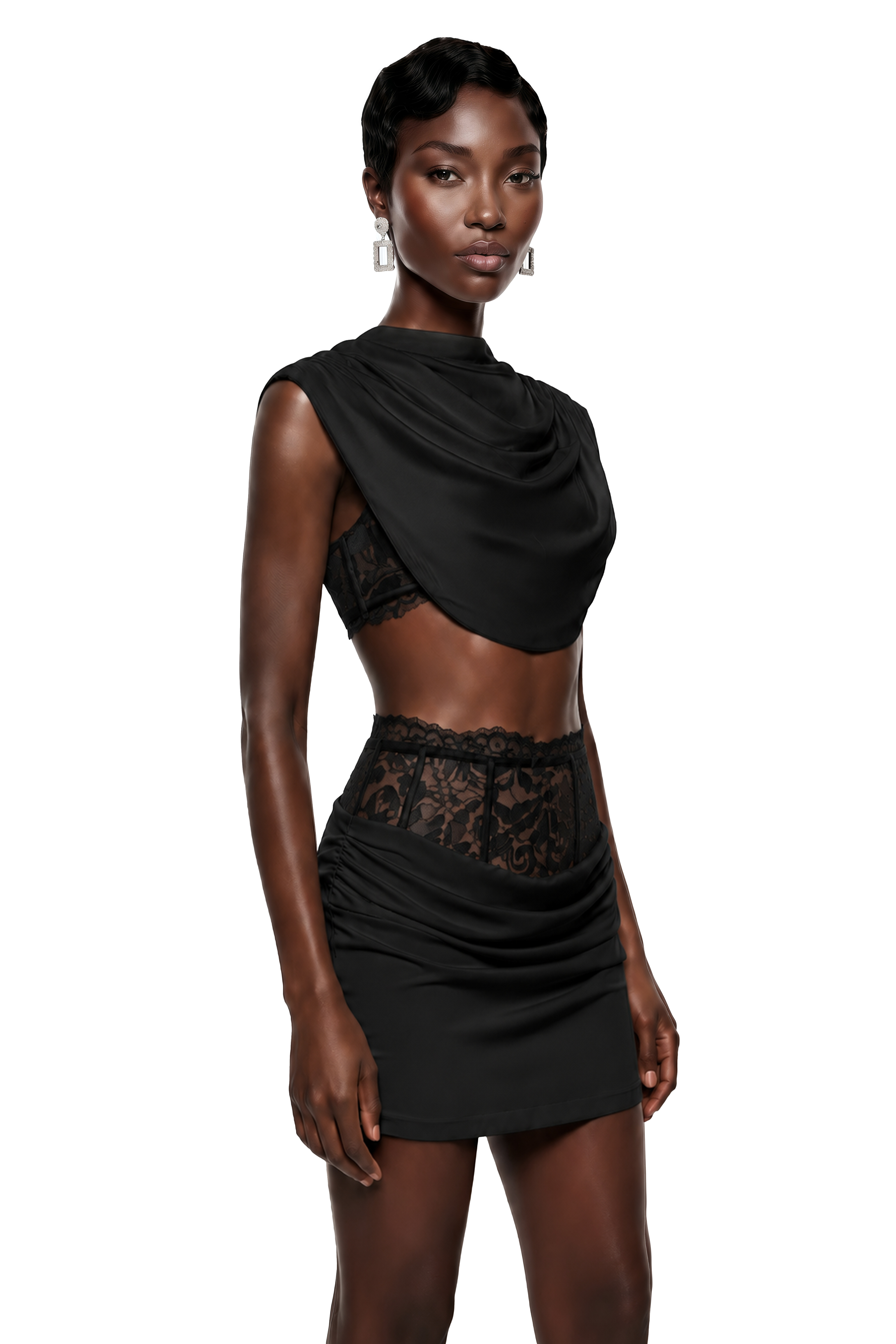Black satin two-piece mini dress with a draped cowl top and lace-corset waistband