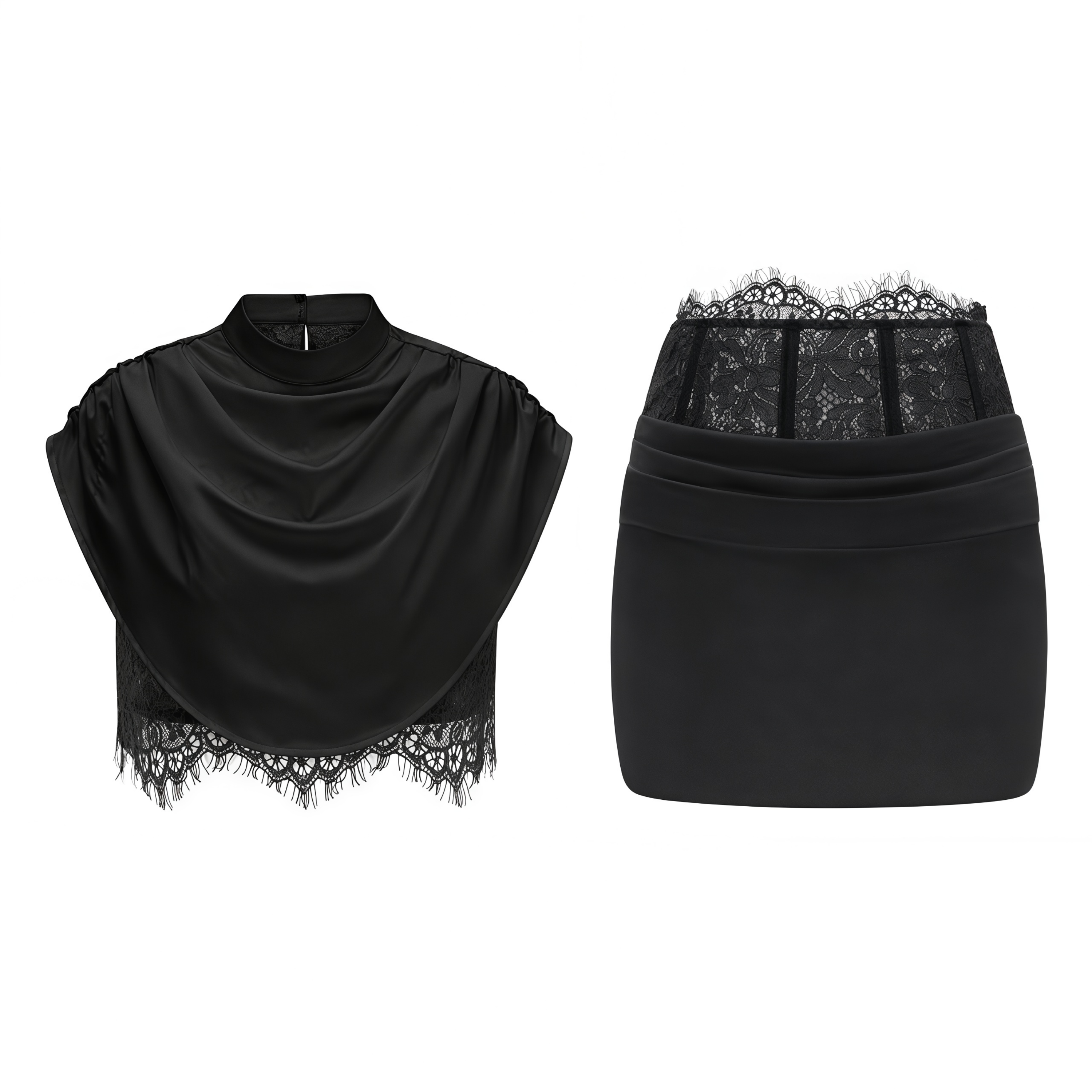 Siosi Black Ruched Top & Skirt Set with Lace Trim (Final Sale-US Only)