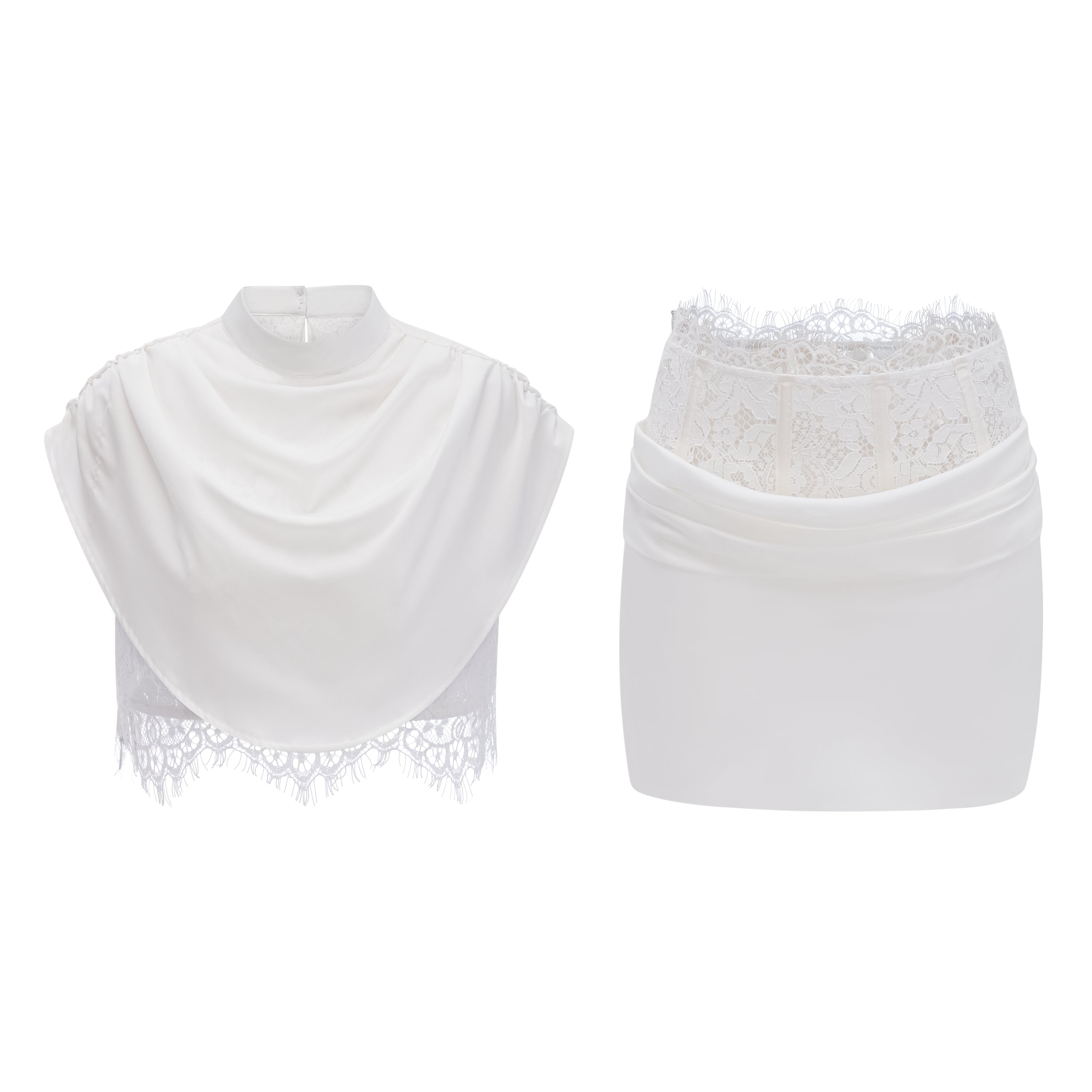 Siosi White Ruched Top & Skirt Set with Lace Trim (Final Sale-US Only)