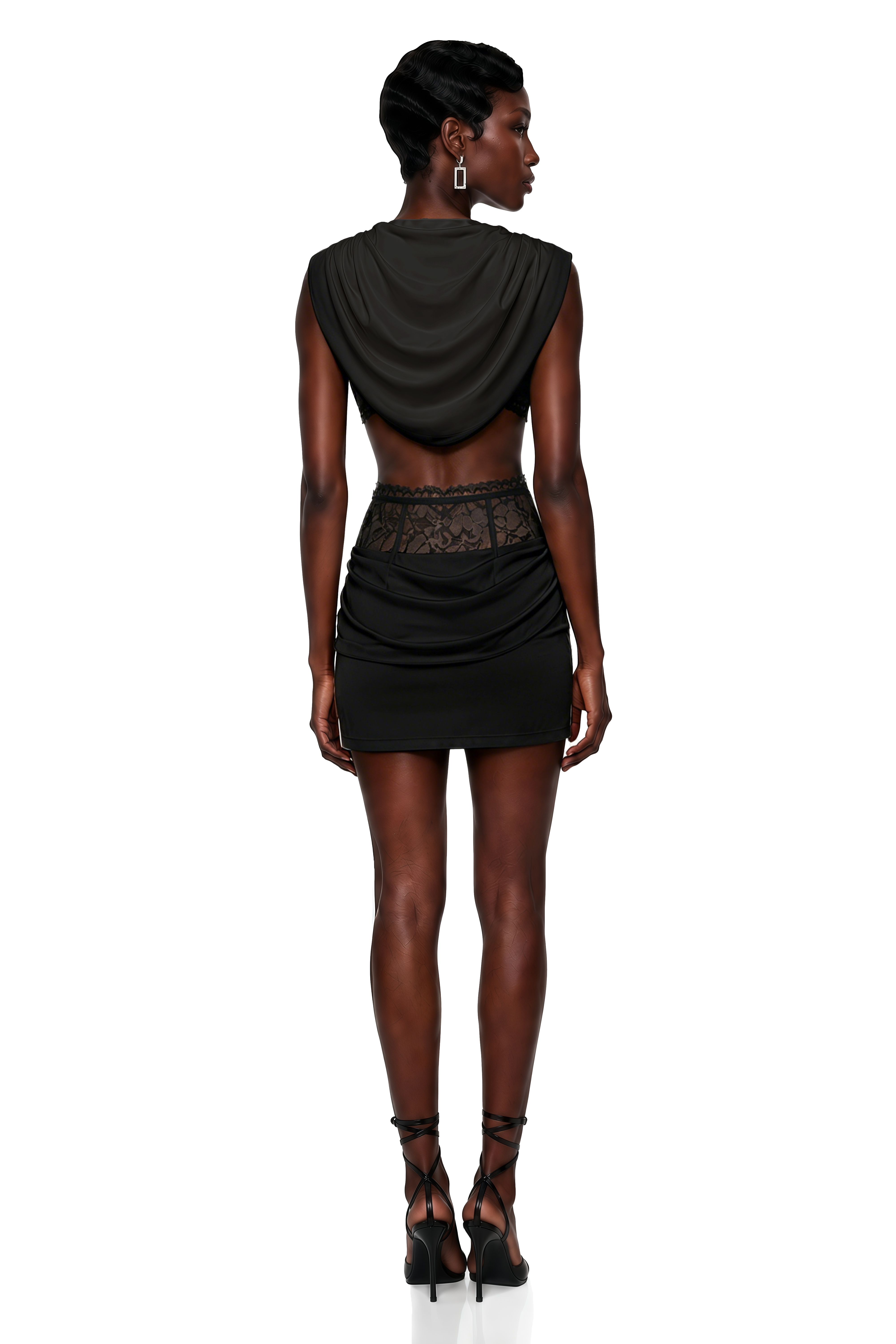 Black satin two-piece mini dress with a draped cowl top and lace-corset waistband