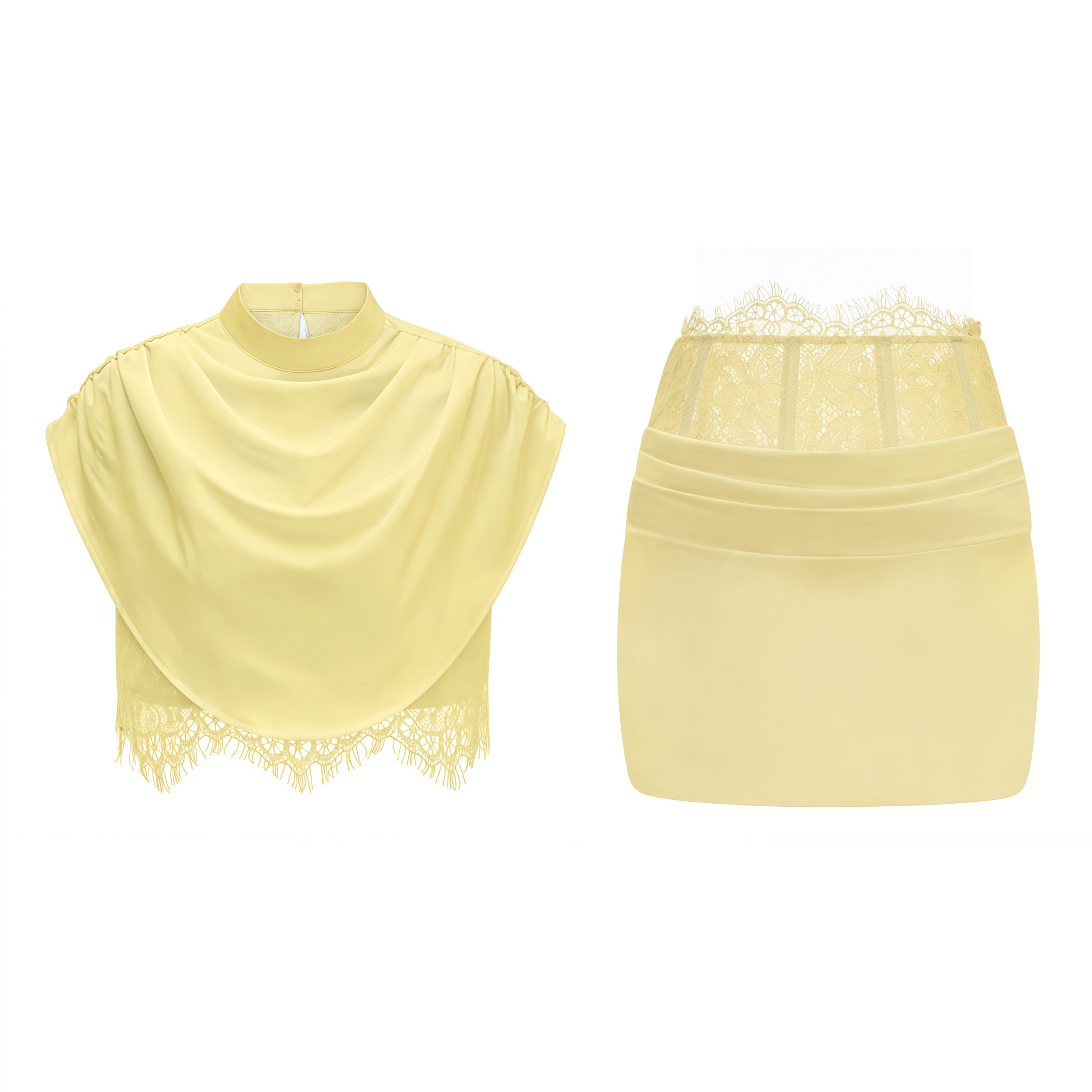 Siosi Yellow Ruched Top & Skirt Set with Lace Trim