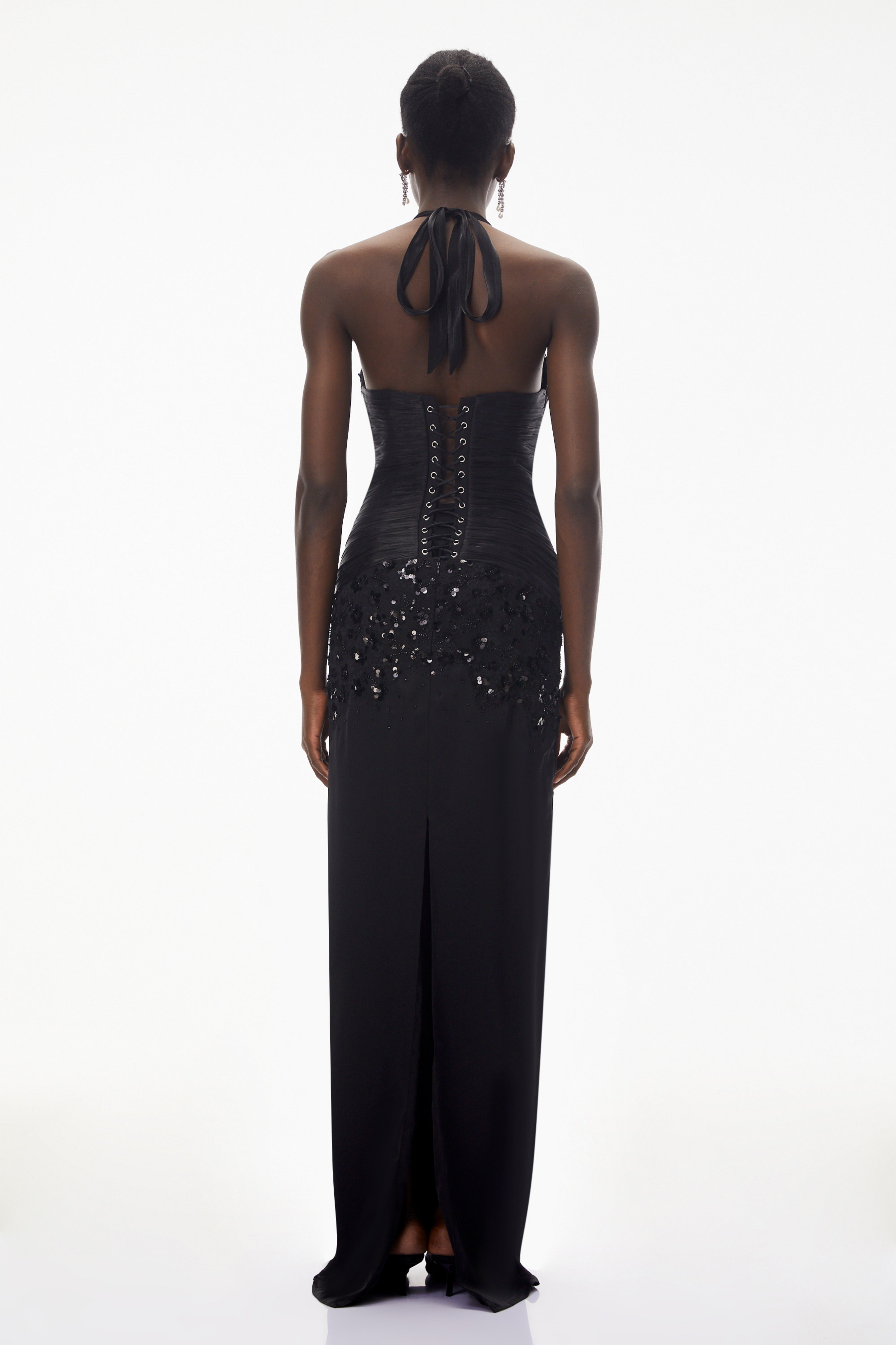 Black sequined halter gown with lace trim
