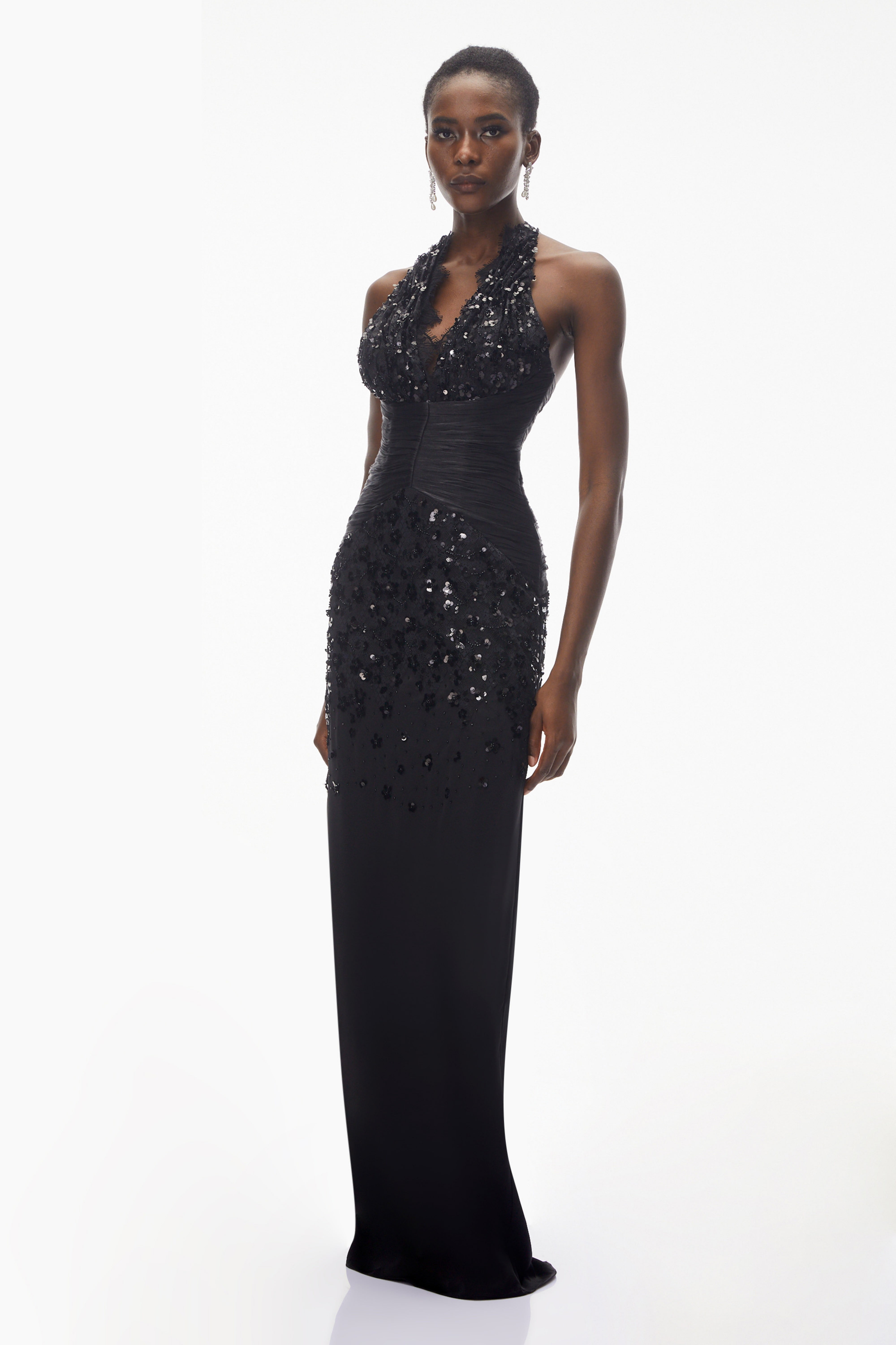 Black sequined halter gown with lace trim