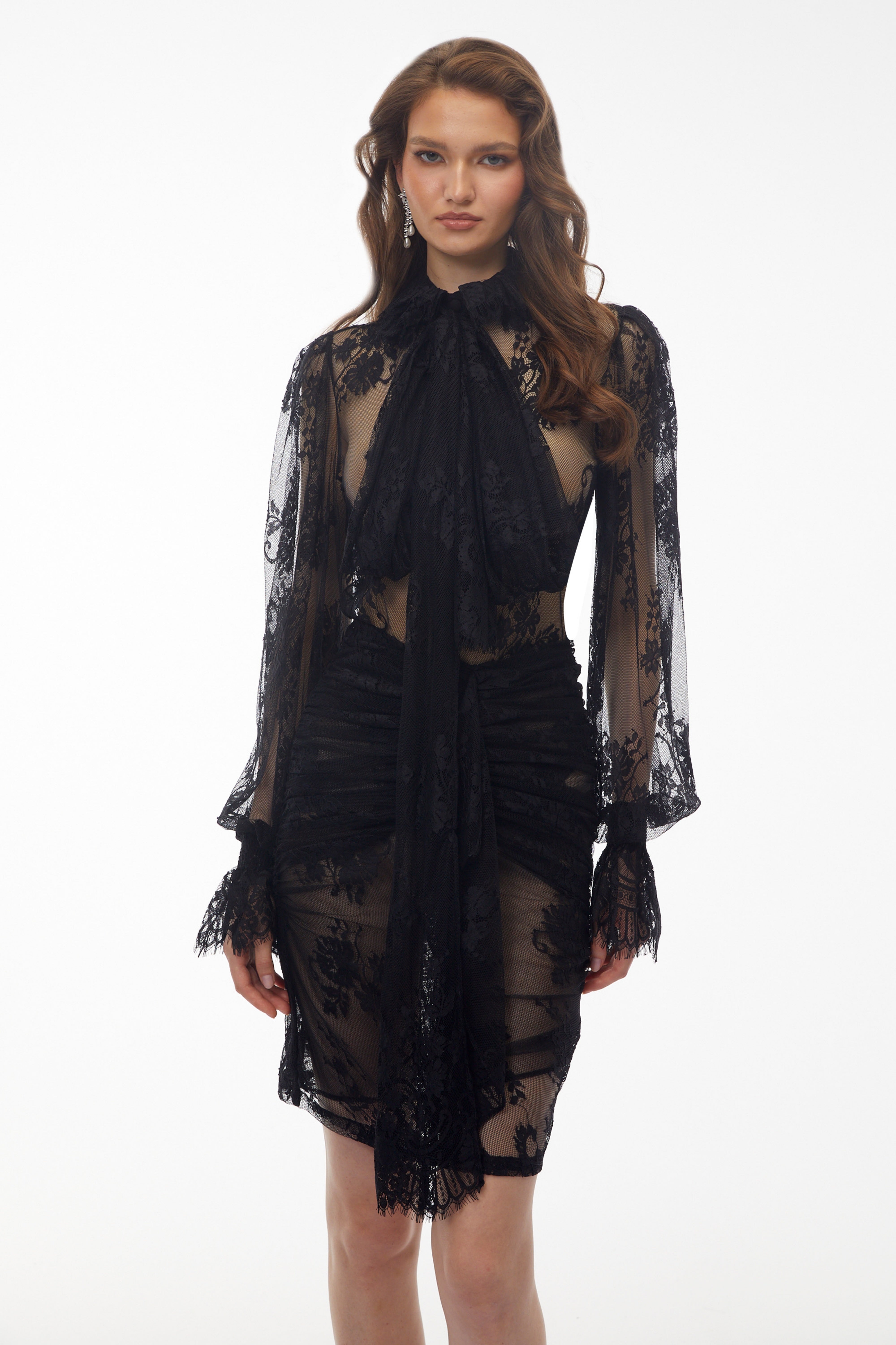 Sofia Black Semi-Sheer Floral Lace Blouse & Skirt Set (Final Sale)