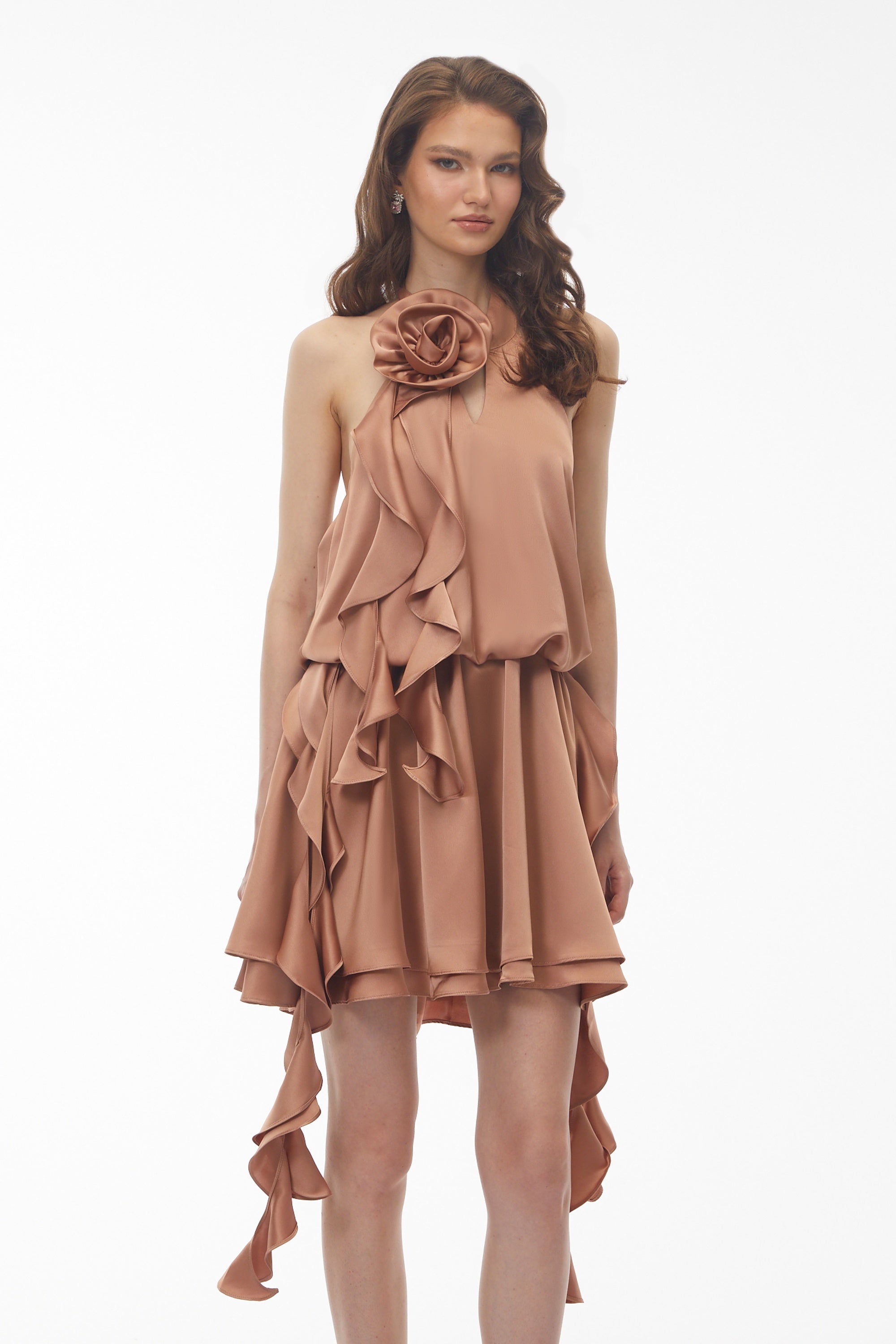Solange Camel Halterneck Ruched Mini Dress with 3D Florals (Final Sale)