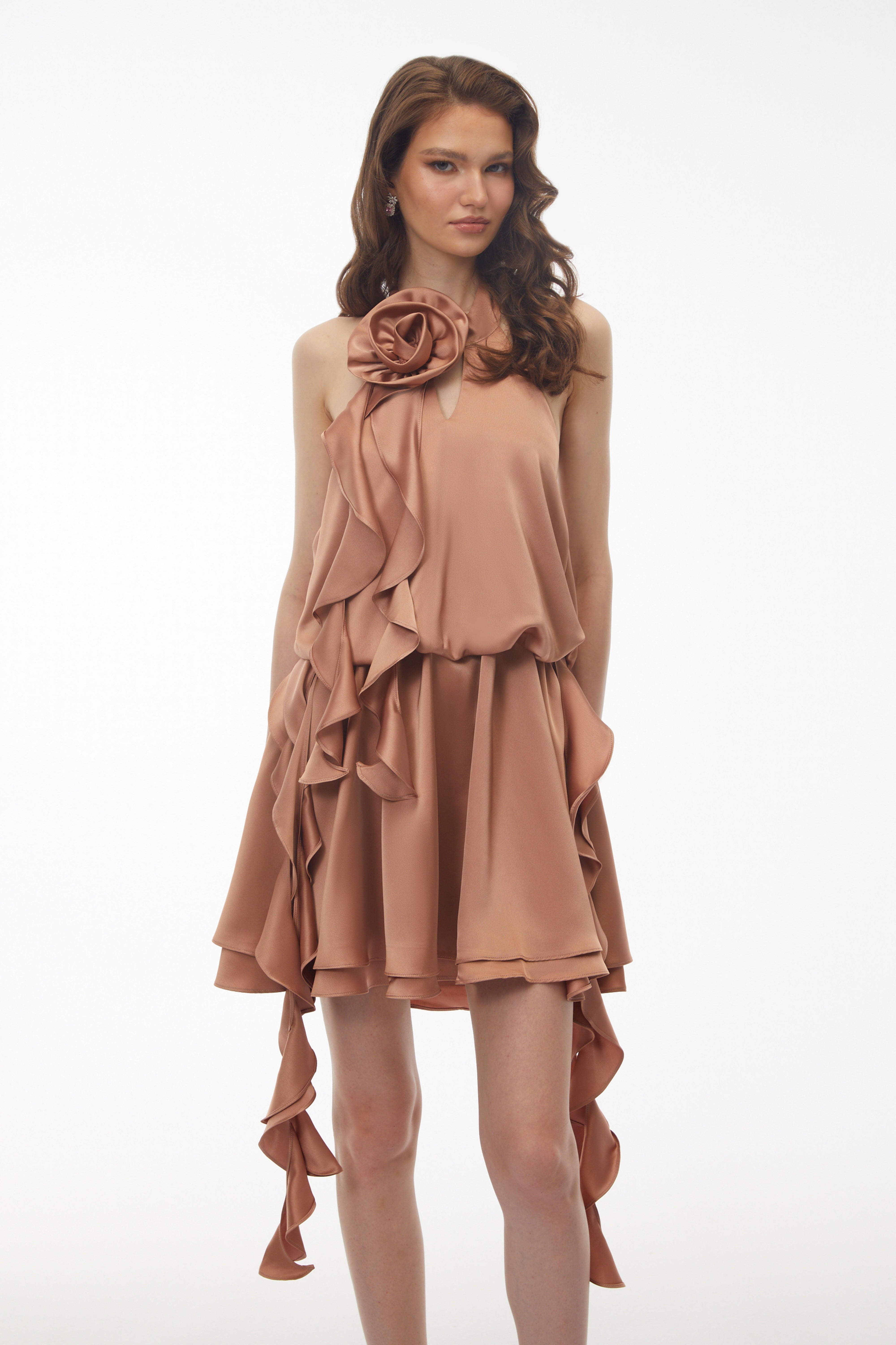 Solange Camel Halterneck Ruched Mini Dress with 3D Florals (Final Sale)