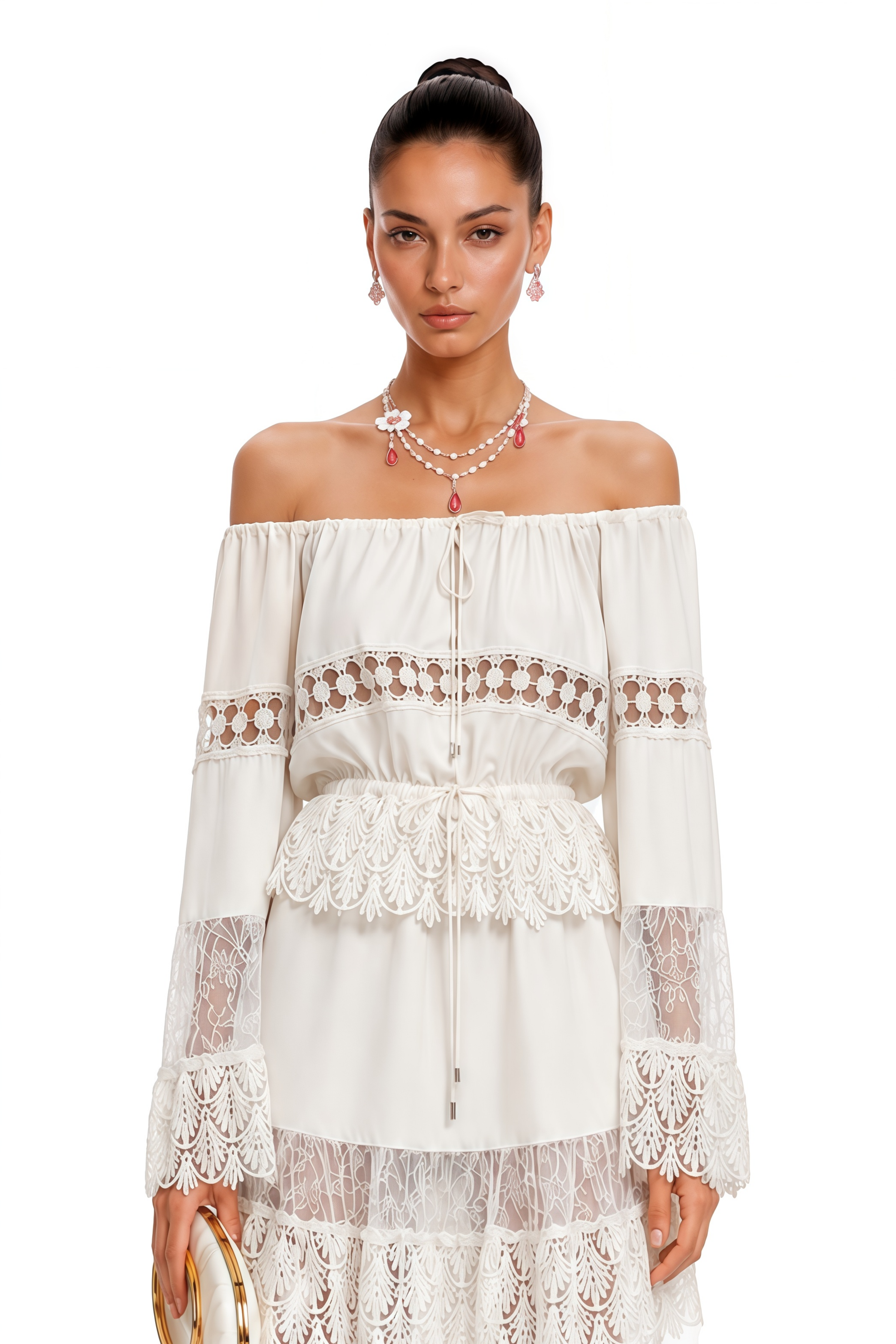 Solange White Off-Shoulder Lace Mini Dress