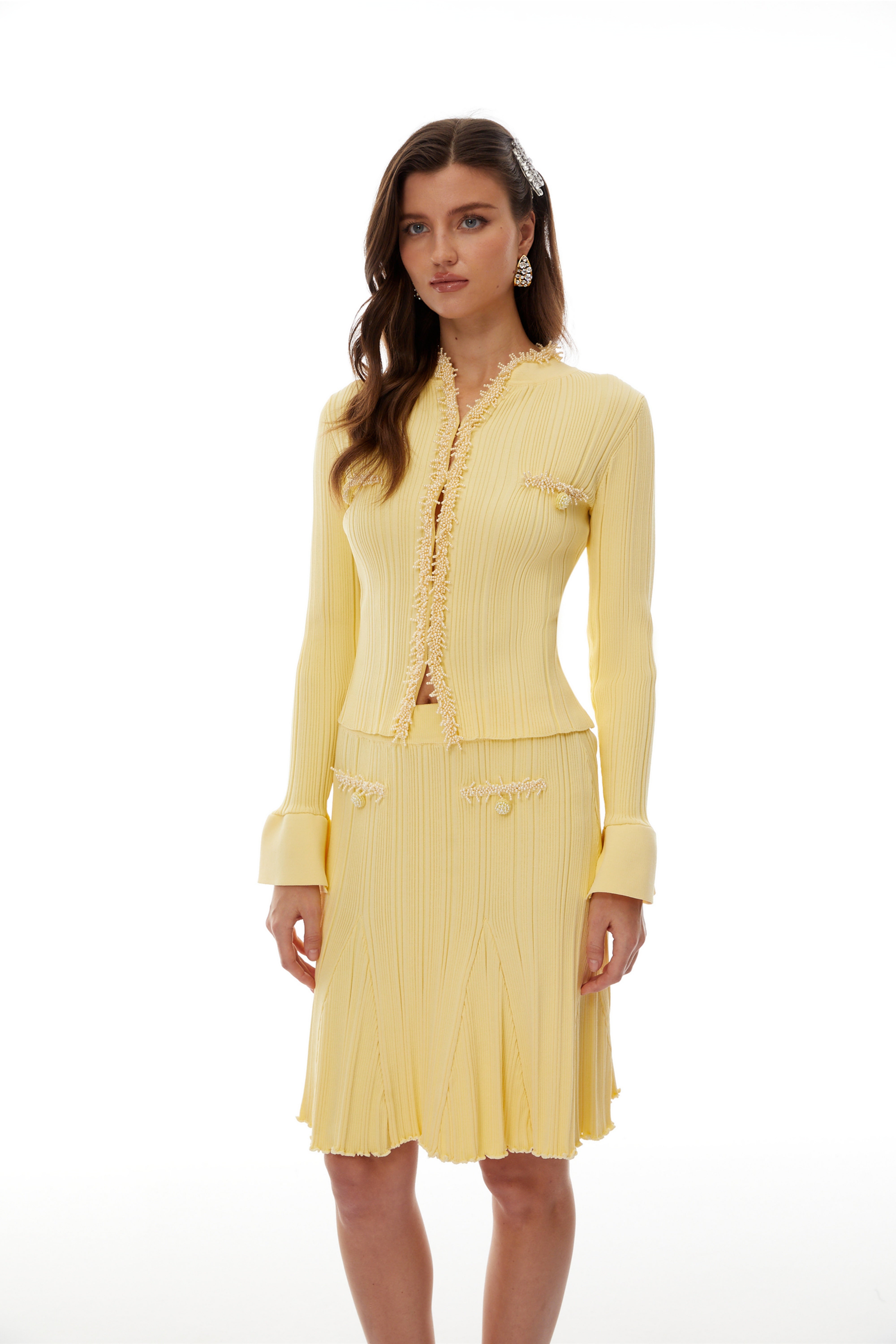 Sólveig Yellow Beaded Knit Blouse & Skirt Set (Final Sale-US Only)