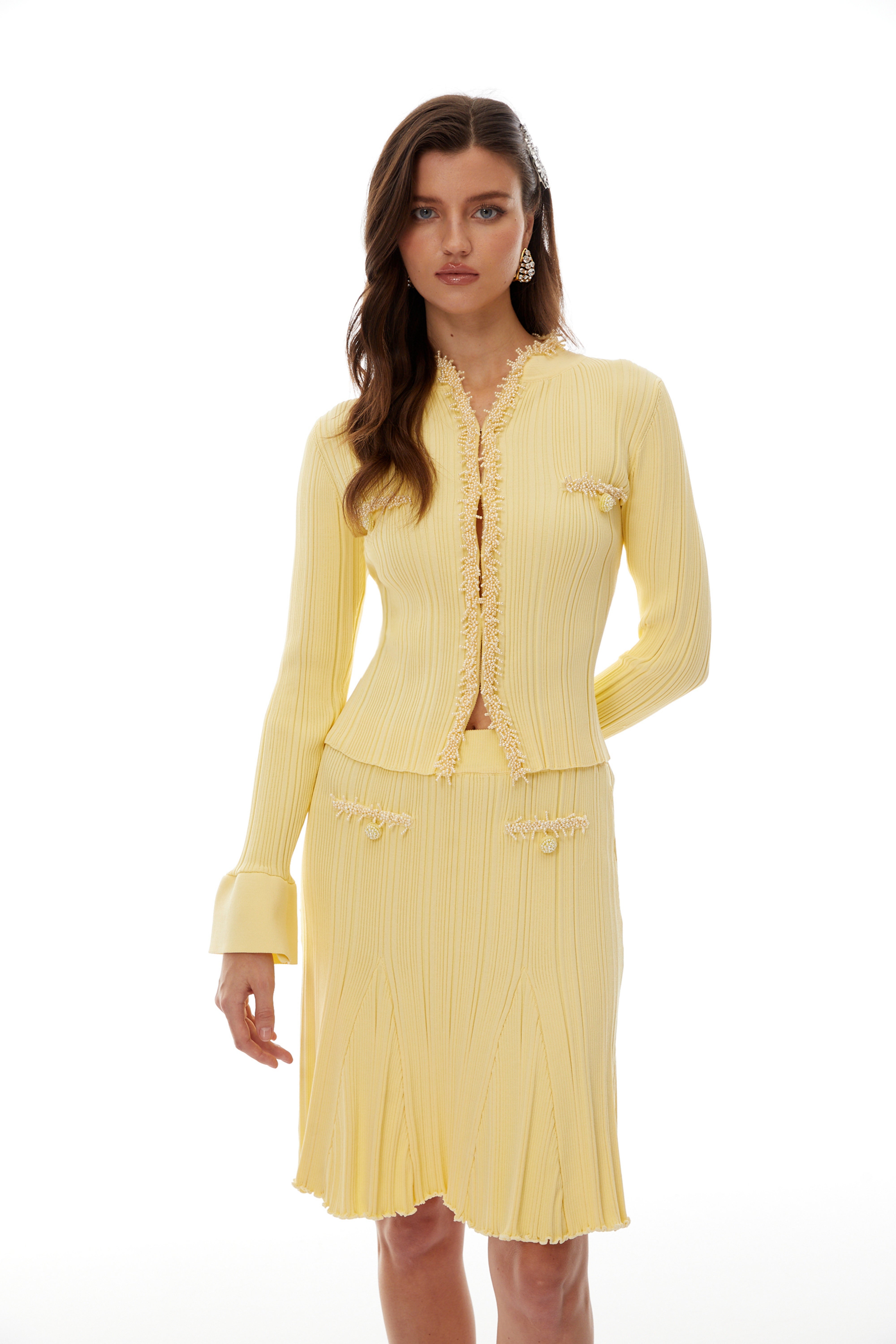 Sólveig Yellow Beaded Knit Blouse & Skirt Set (Final Sale-US Only)
