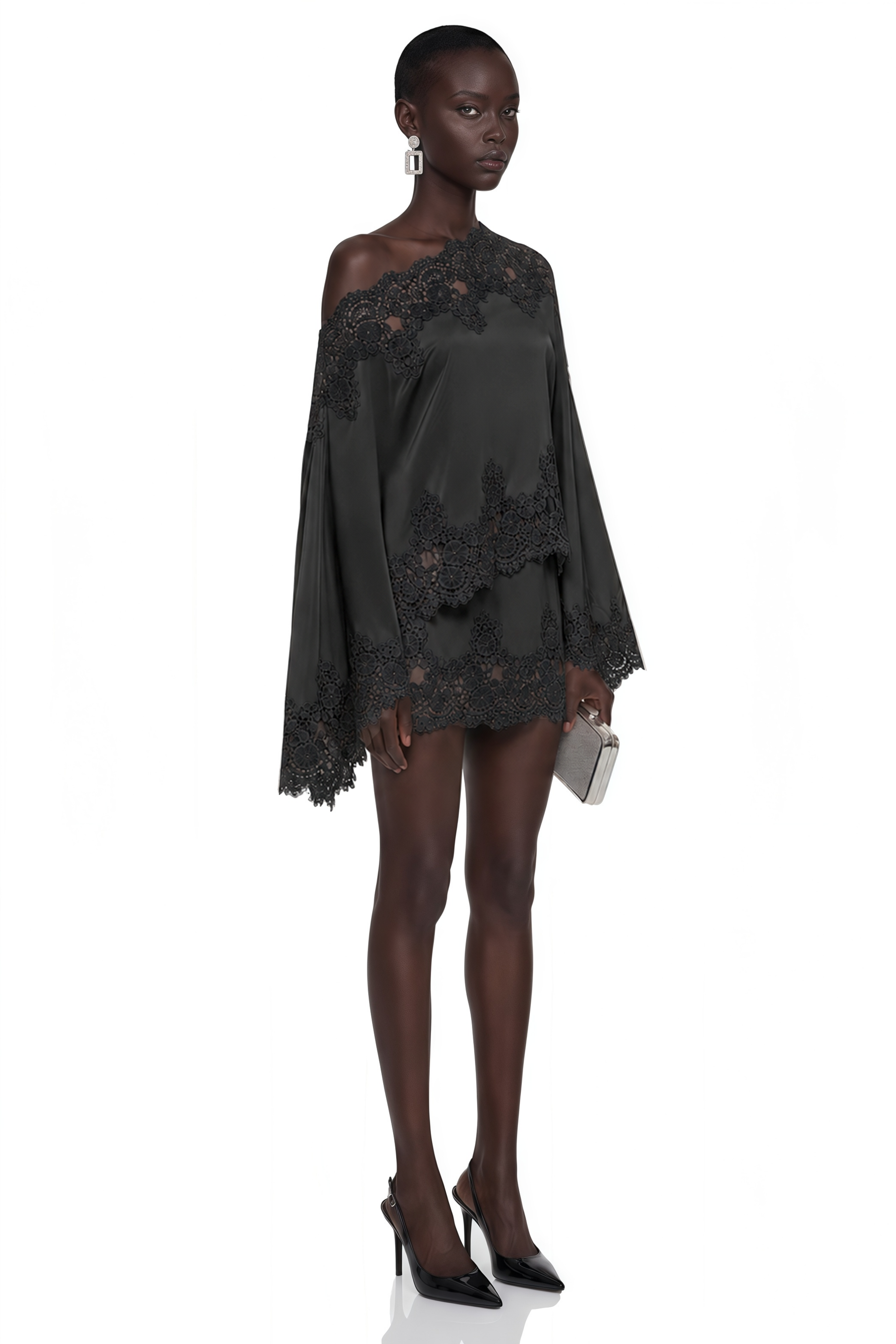 Sophia Black One Shoulder Top & Skirt Set with Black Lace Trim