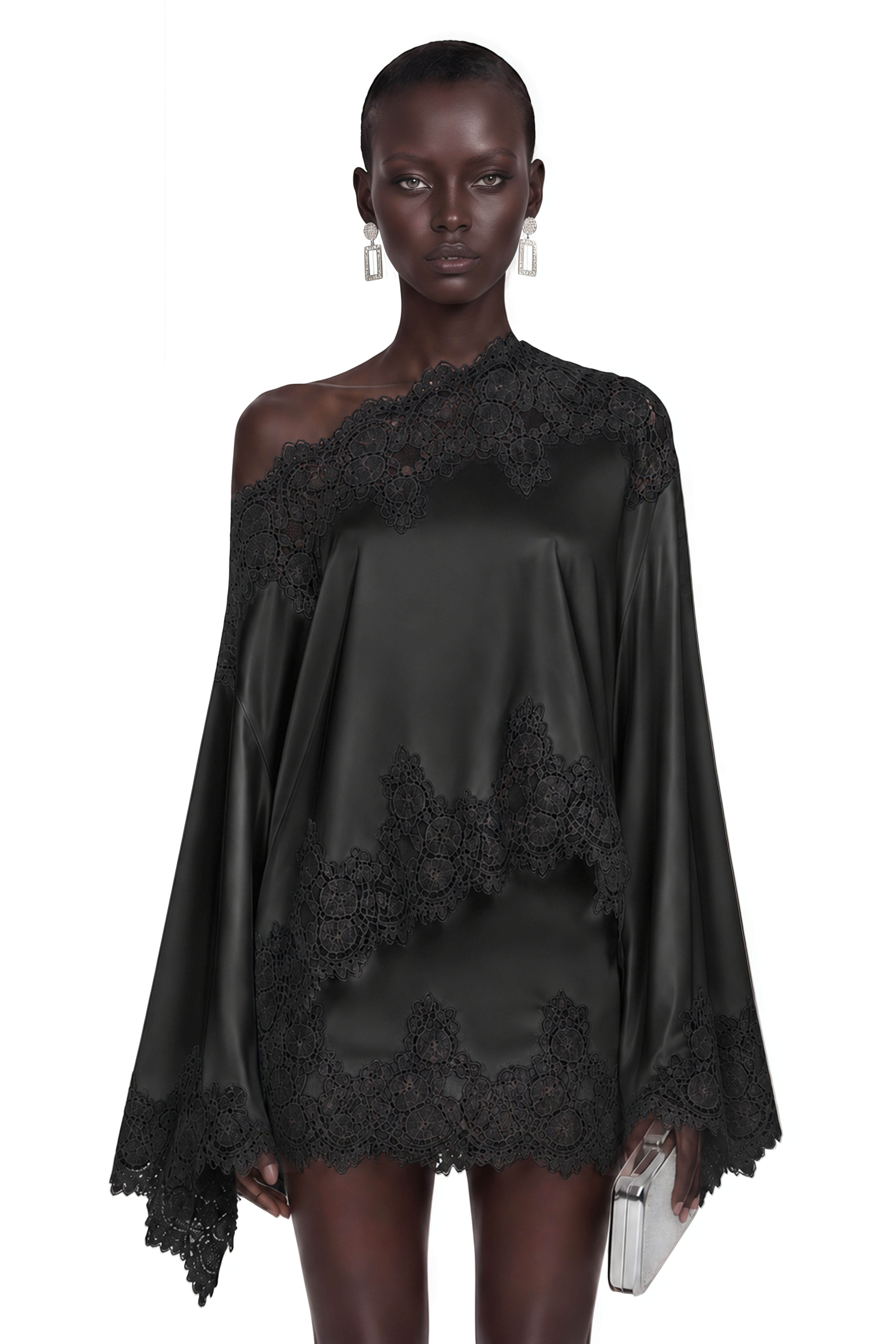 Sophia Black One Shoulder Top & Skirt Set with Black Lace Trim