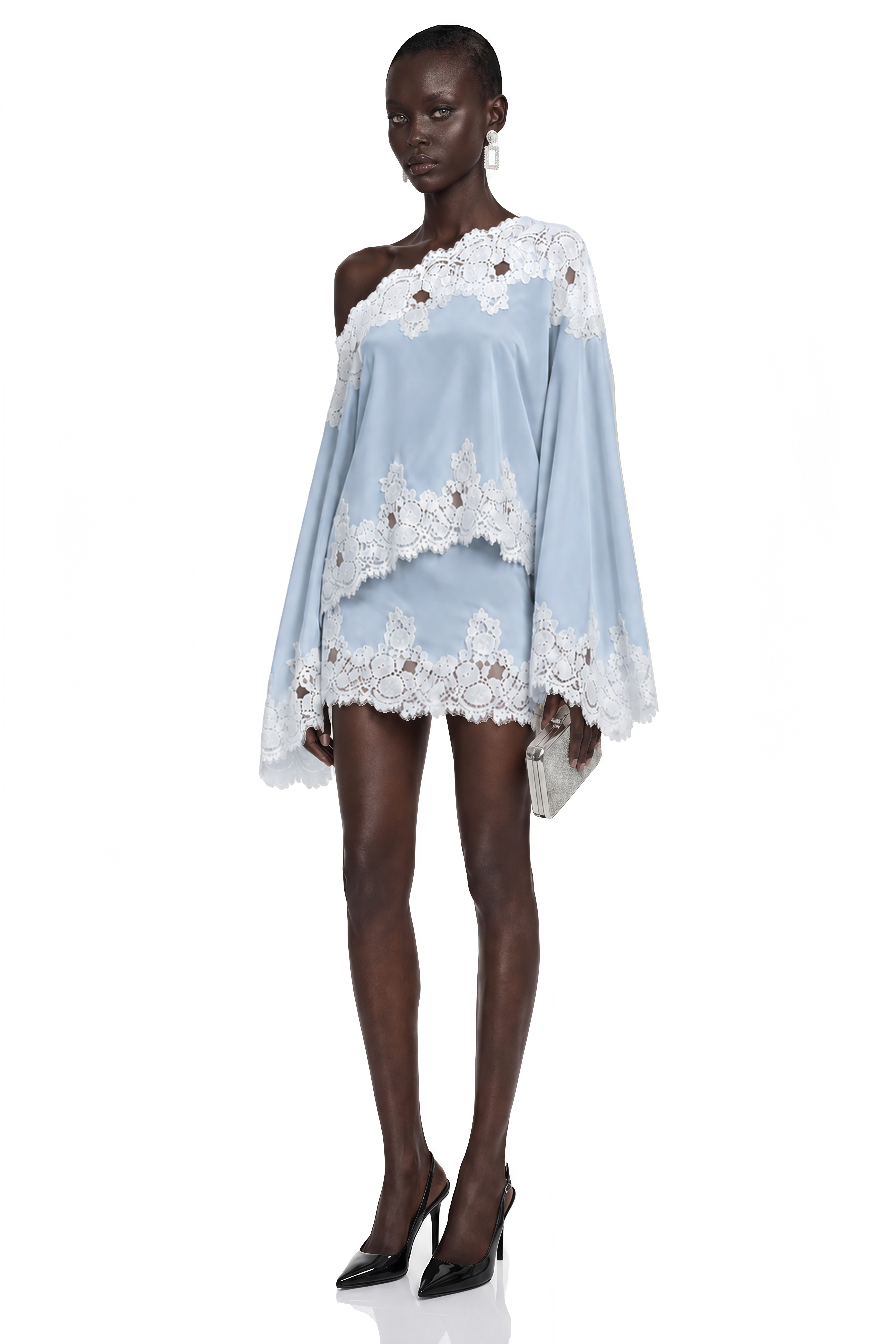 Light blue satin one-shoulder mini dress with white lace trim