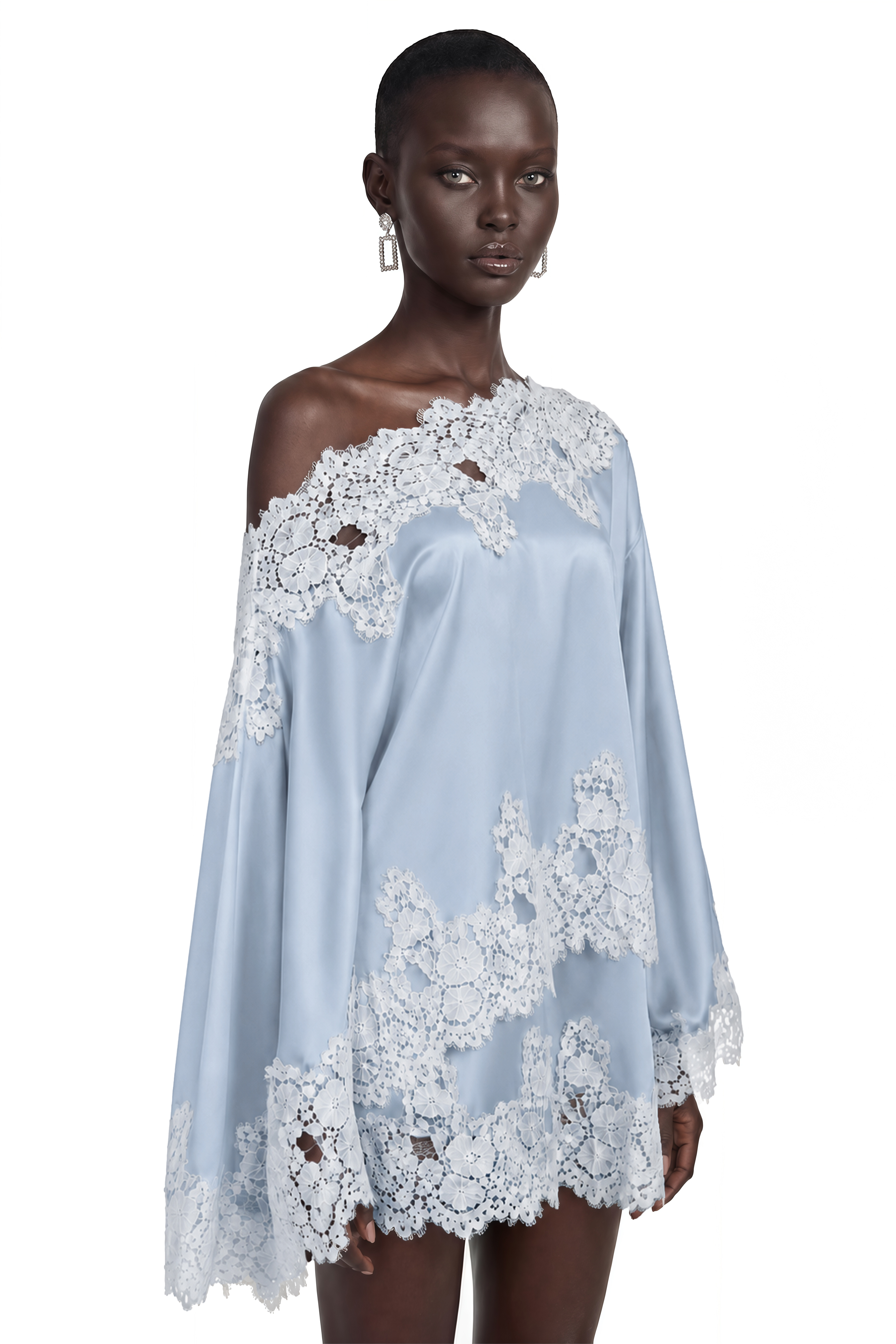 Light blue satin one-shoulder mini dress with white lace trim