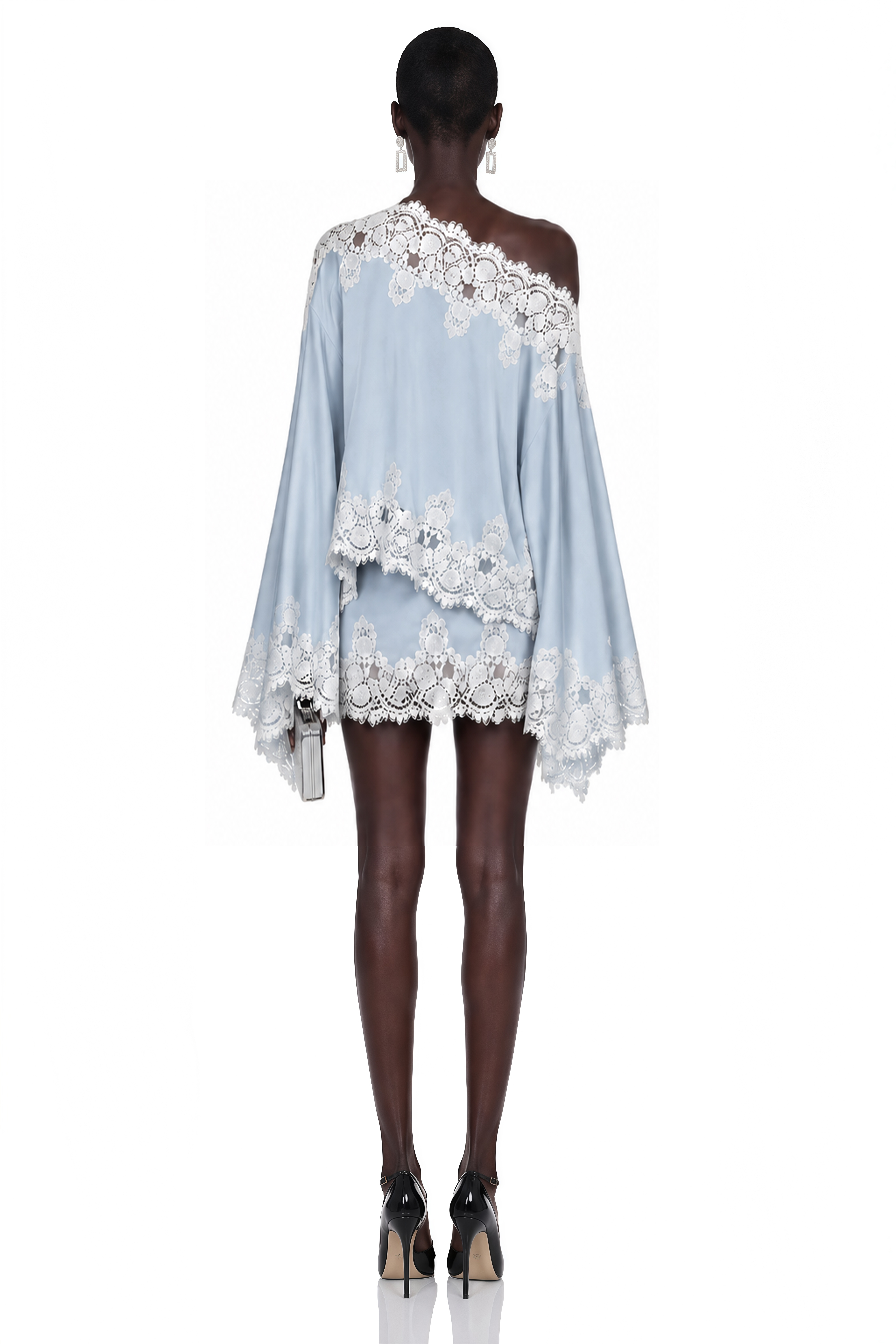 Light blue satin one-shoulder mini dress with white lace trim
