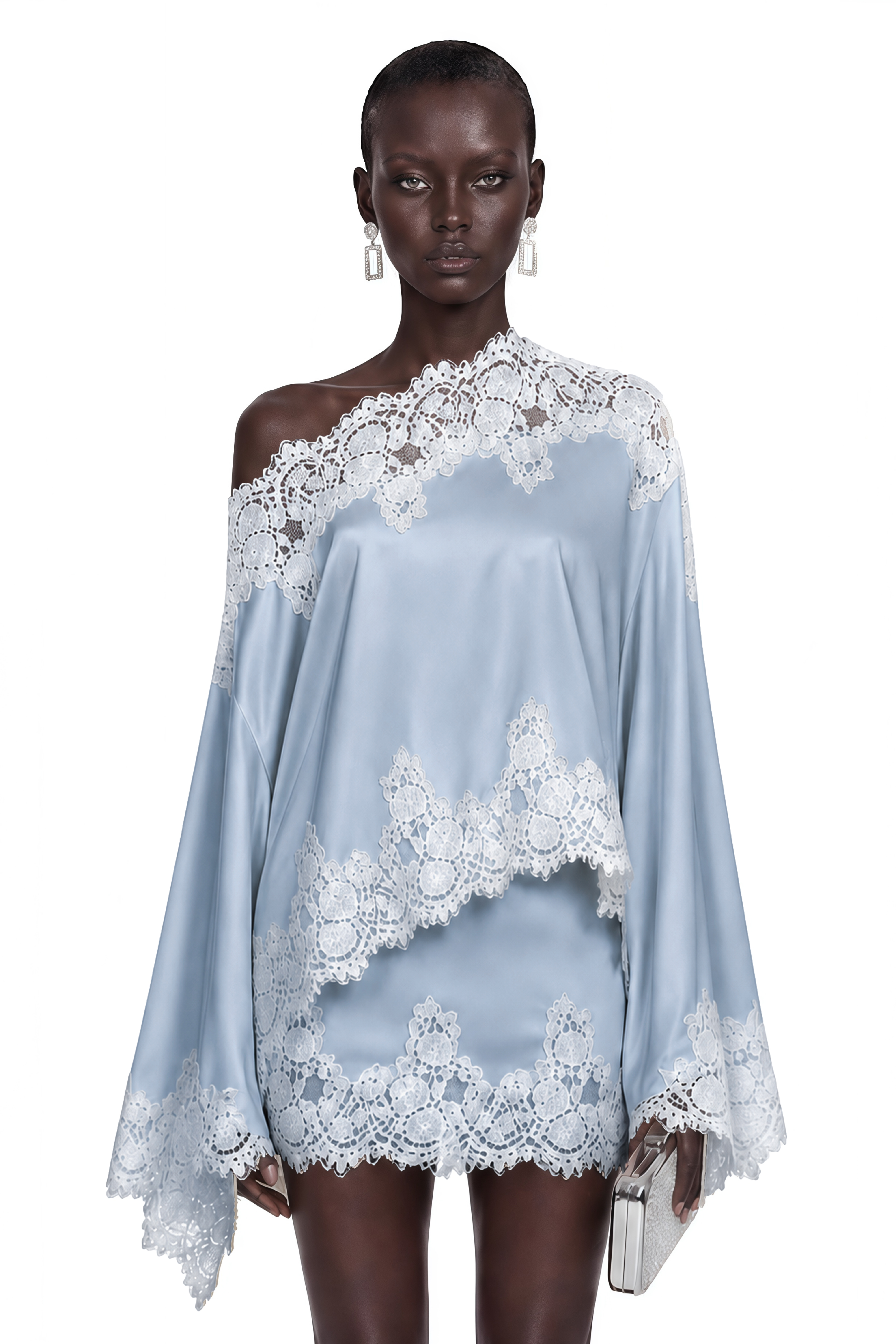 Light blue satin one-shoulder mini dress with white lace trim