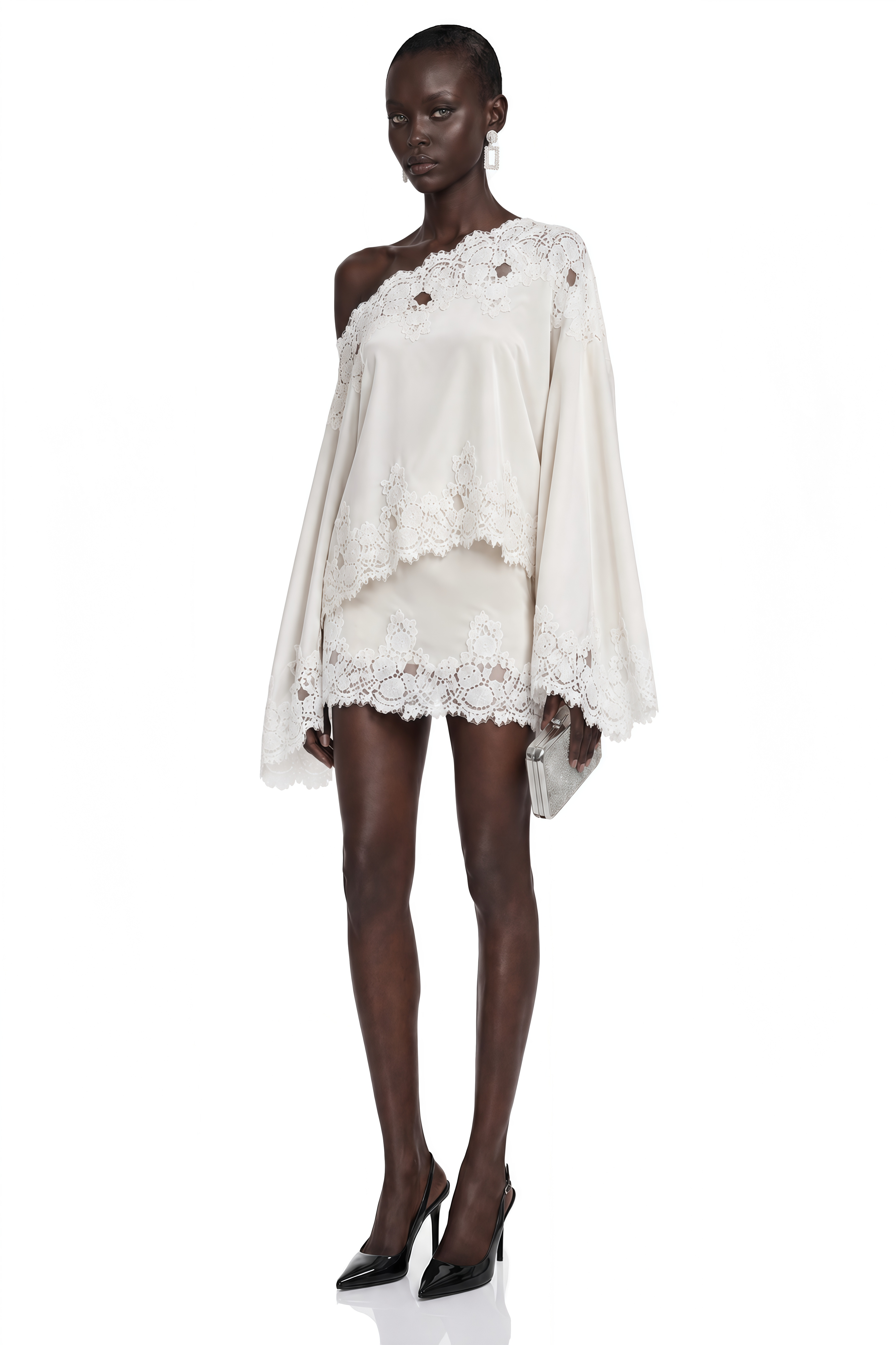 White satin off-the-shoulder mini dress featuring wide sleeves and intricate lace trim detailing