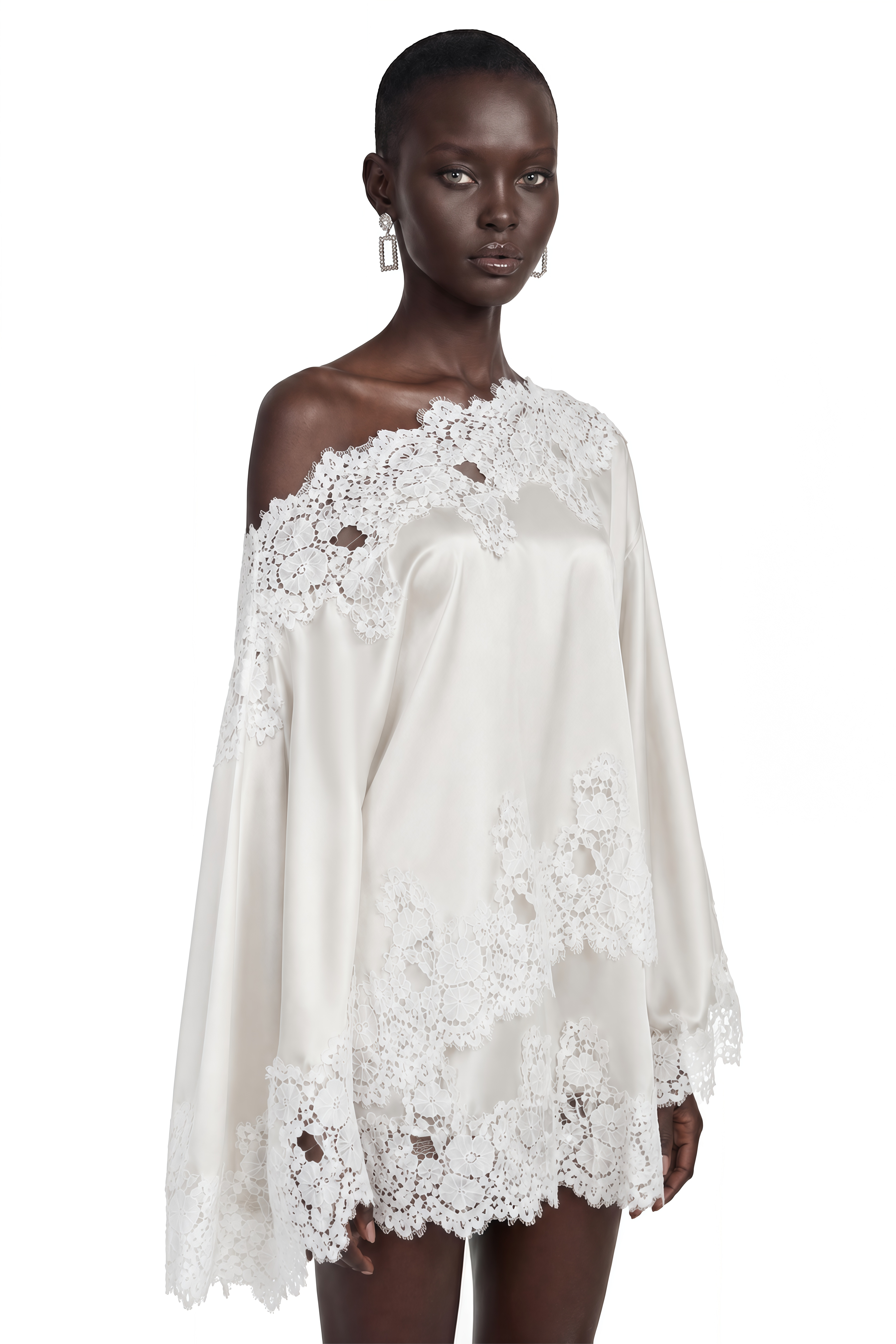 White satin off-the-shoulder mini dress featuring wide sleeves and intricate lace trim detailing