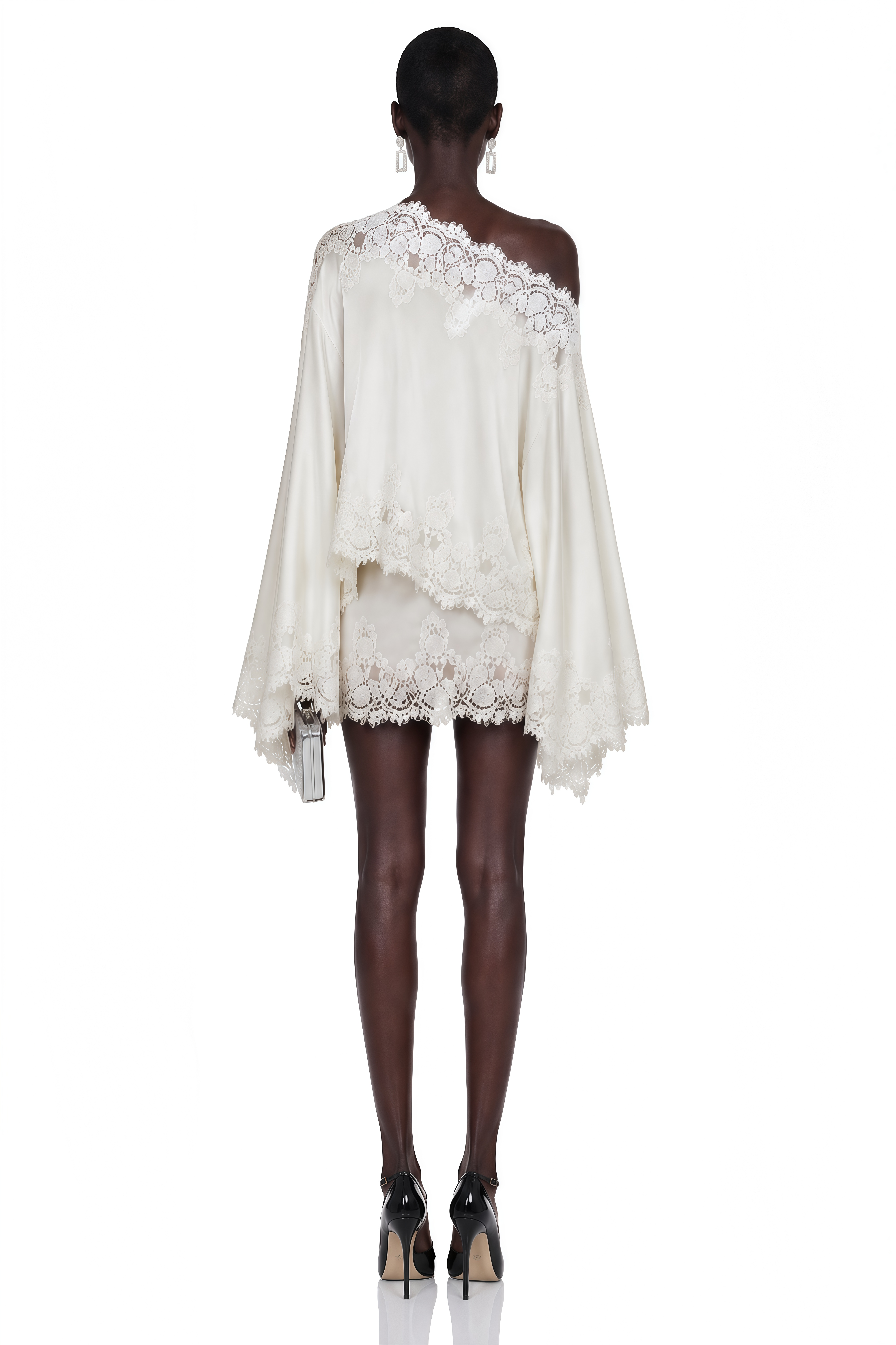 White satin off-the-shoulder mini dress featuring wide sleeves and intricate lace trim detailing