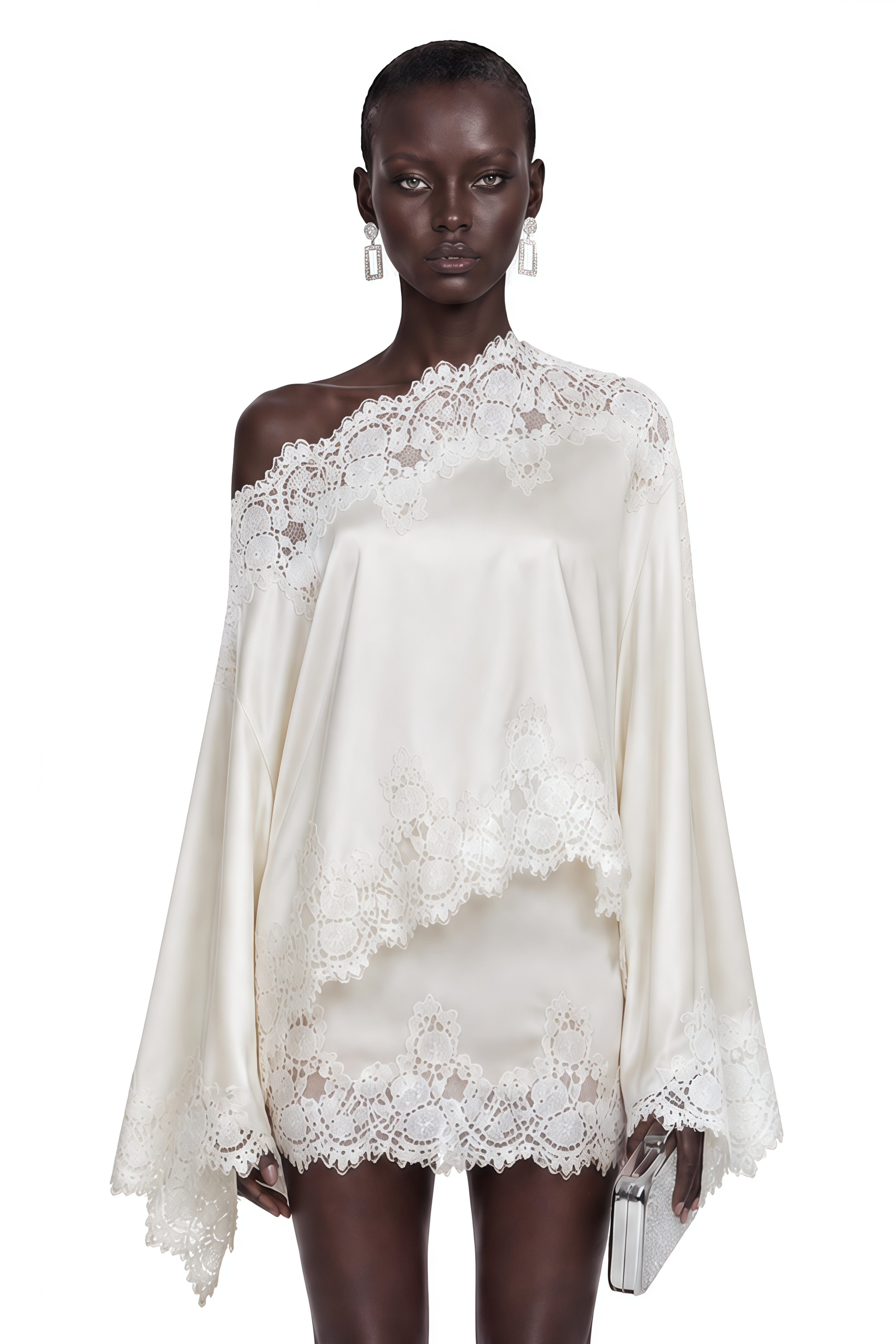 White satin off-the-shoulder mini dress featuring wide sleeves and intricate lace trim detailing