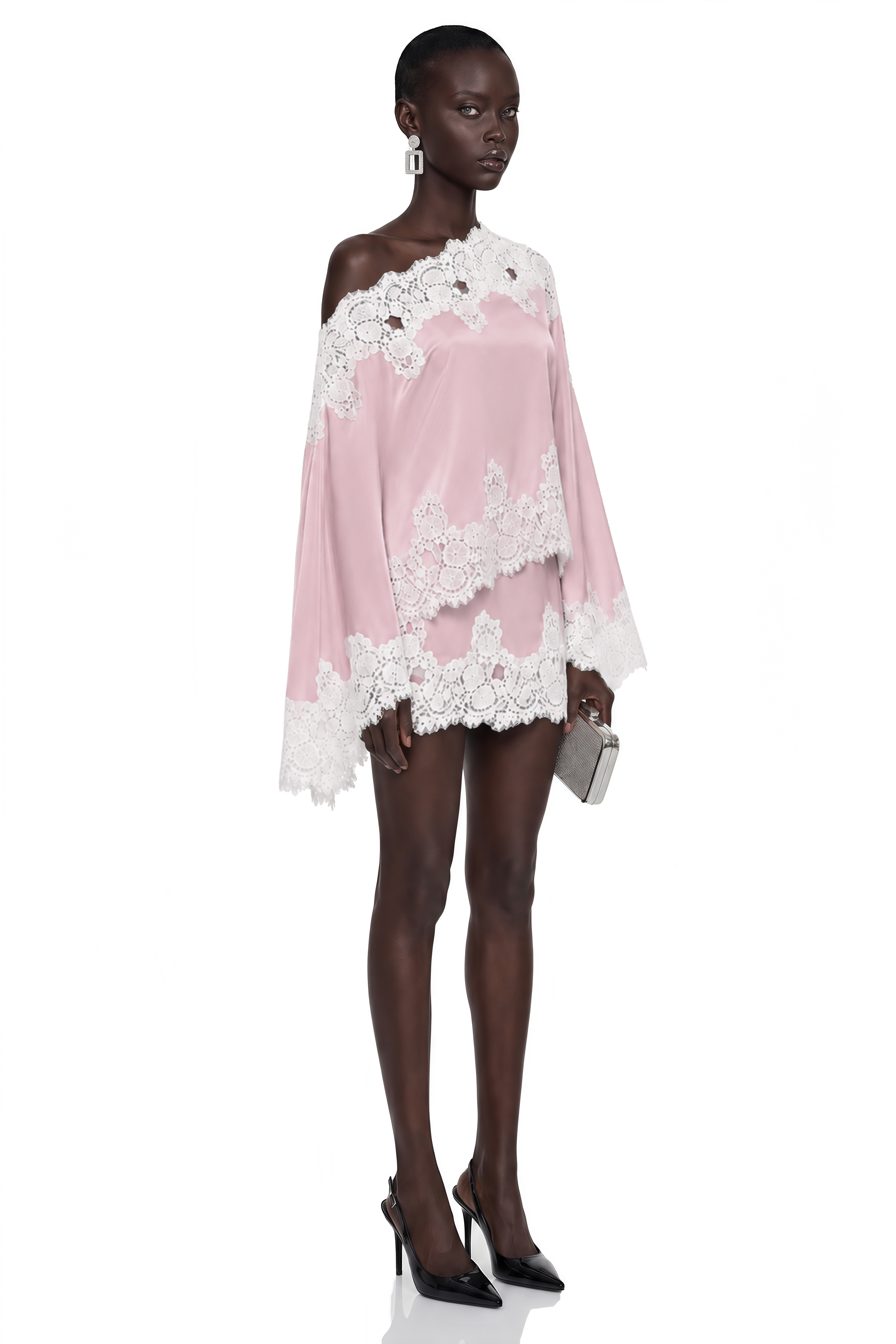 Light pink satin one-shoulder mini dress with white lace panels