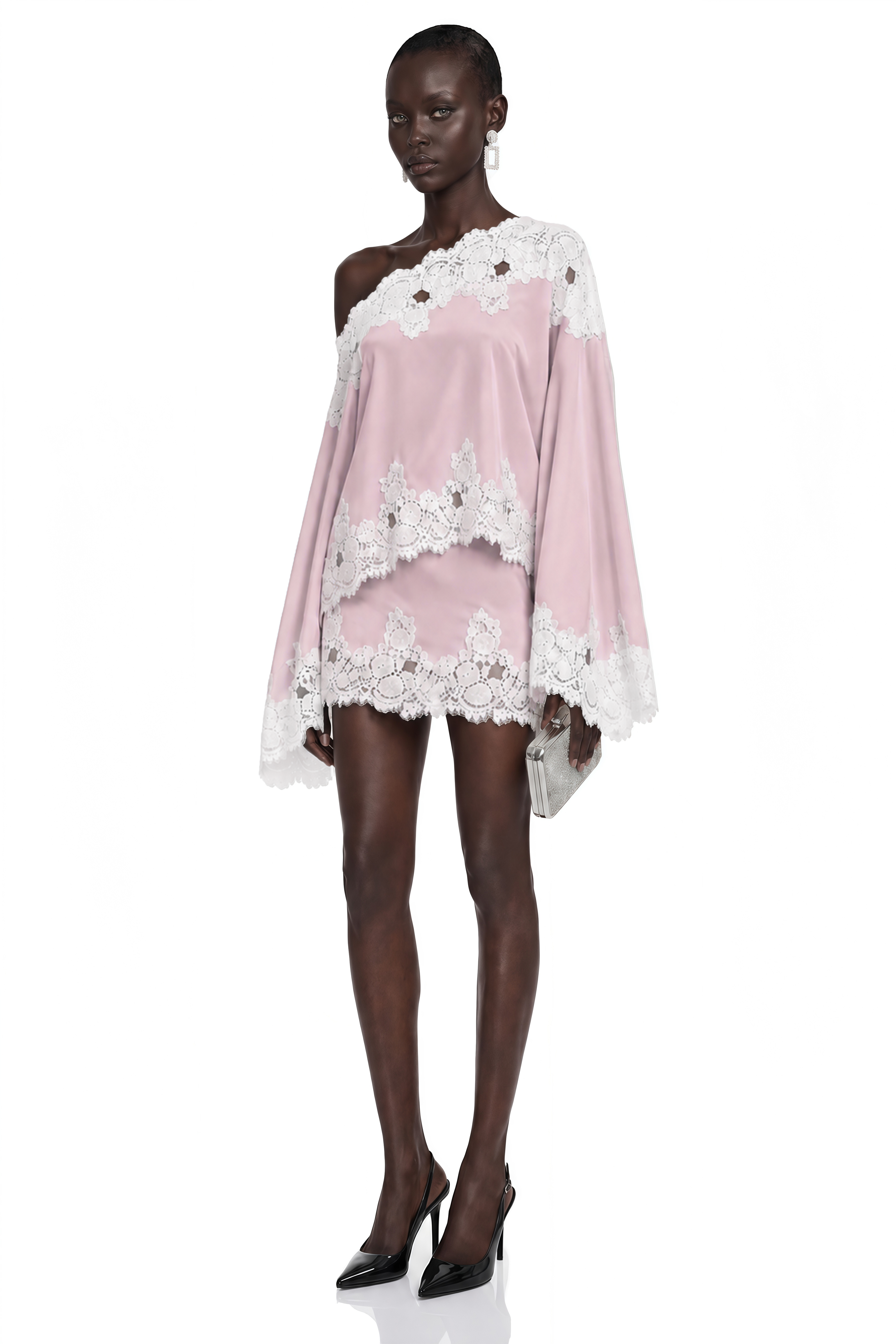 Light pink satin one-shoulder mini dress with white lace panels