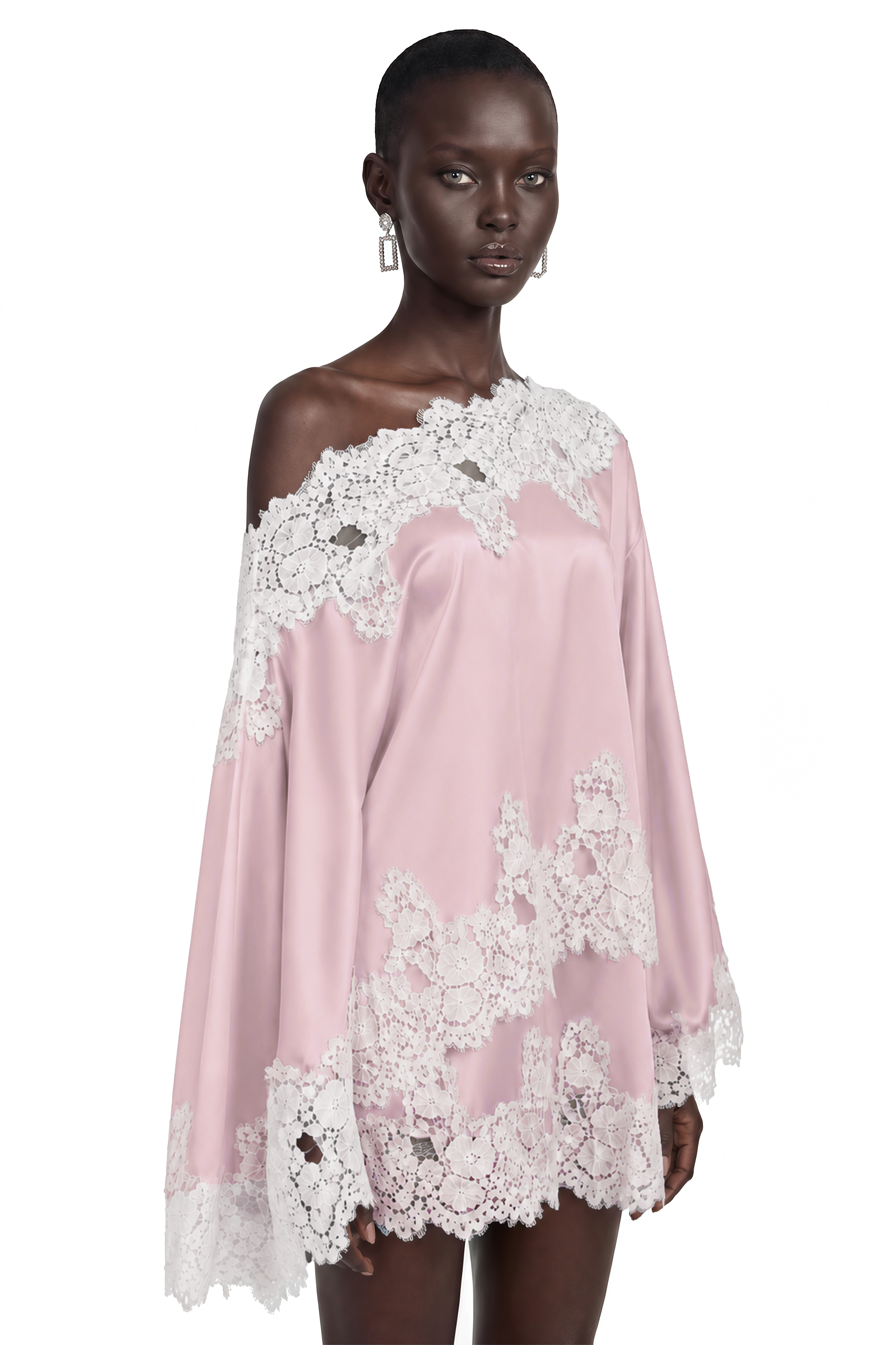 Light pink satin one-shoulder mini dress with white lace panels