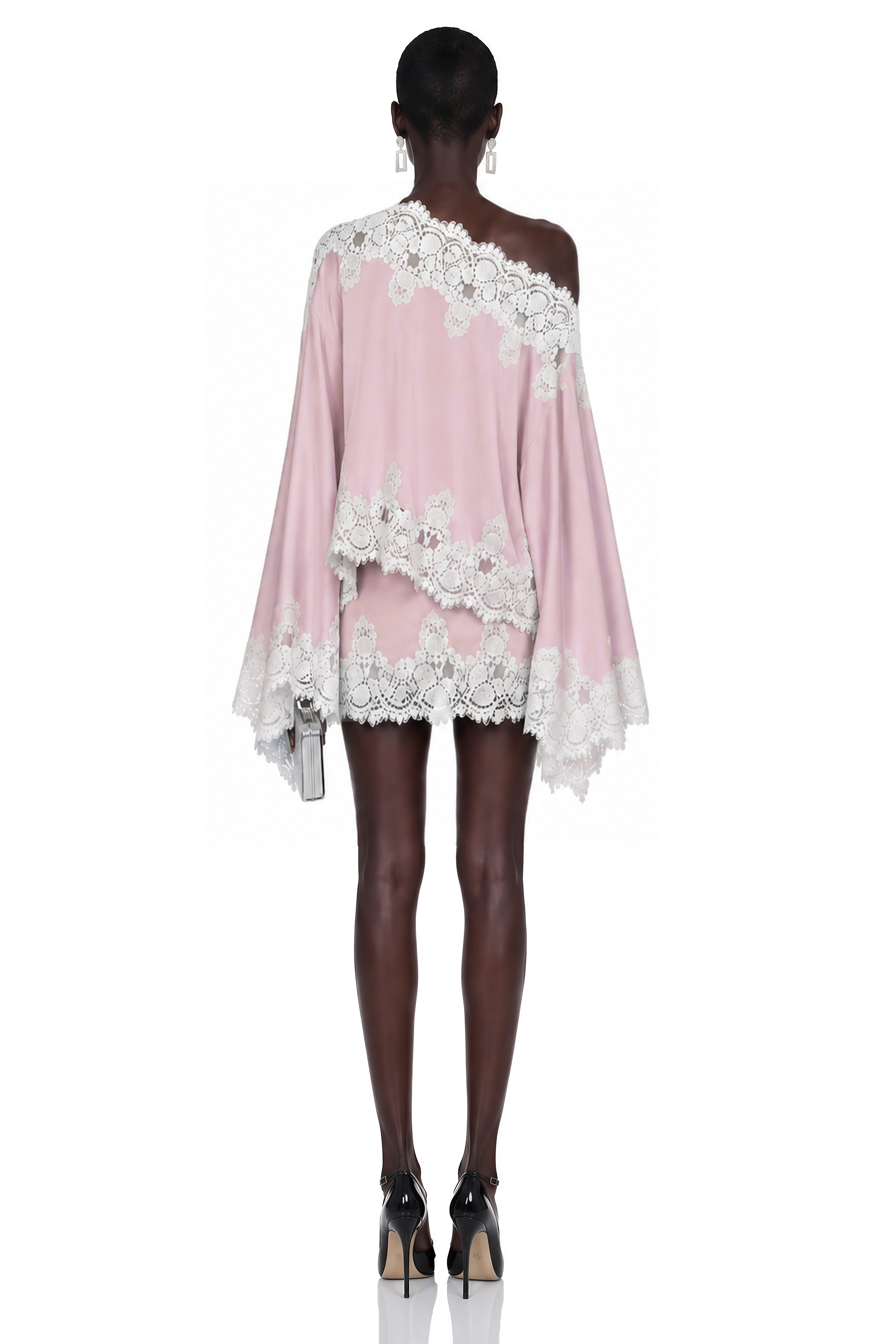 Light pink satin one-shoulder mini dress with white lace panels
