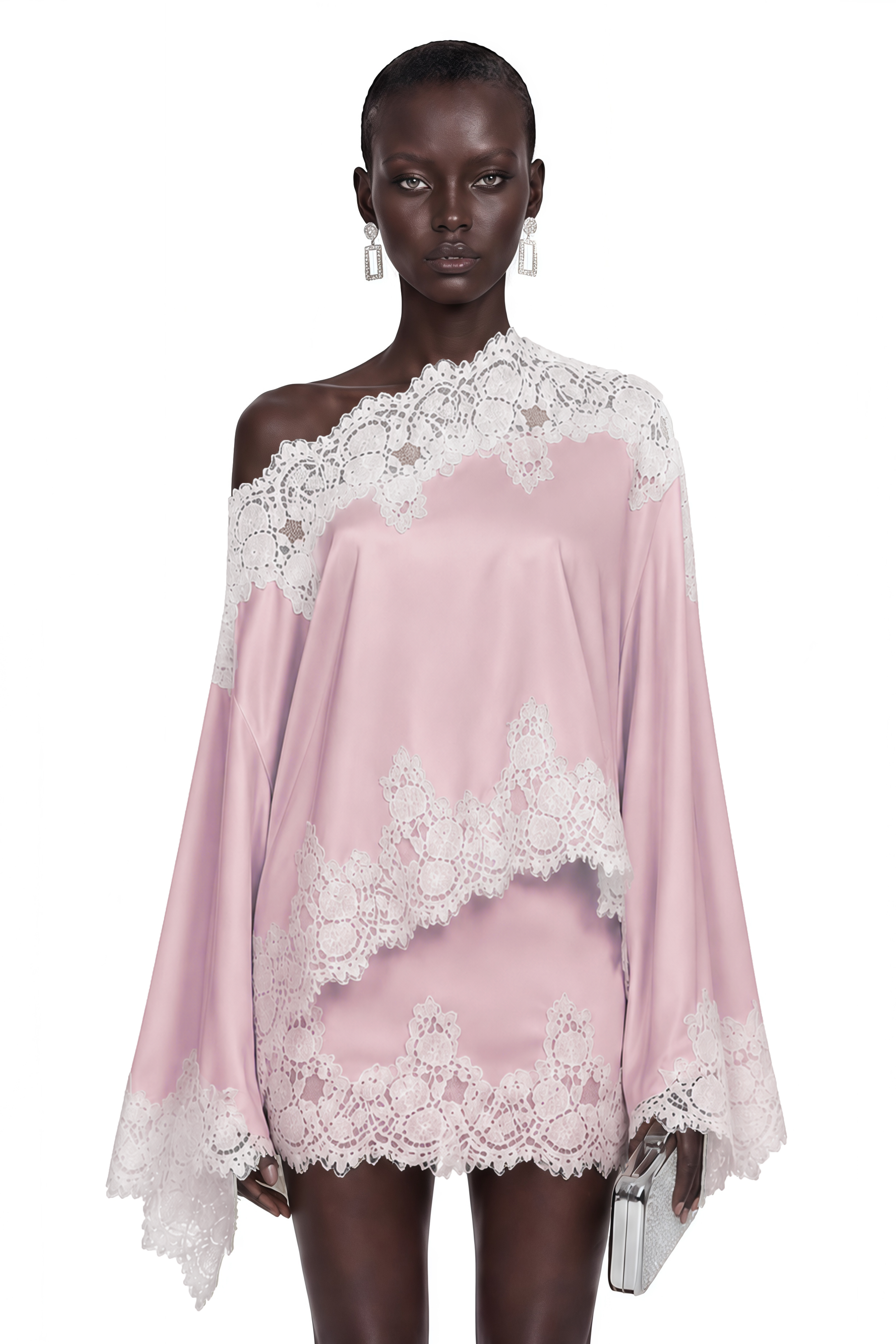 Light pink satin one-shoulder mini dress with white lace panels