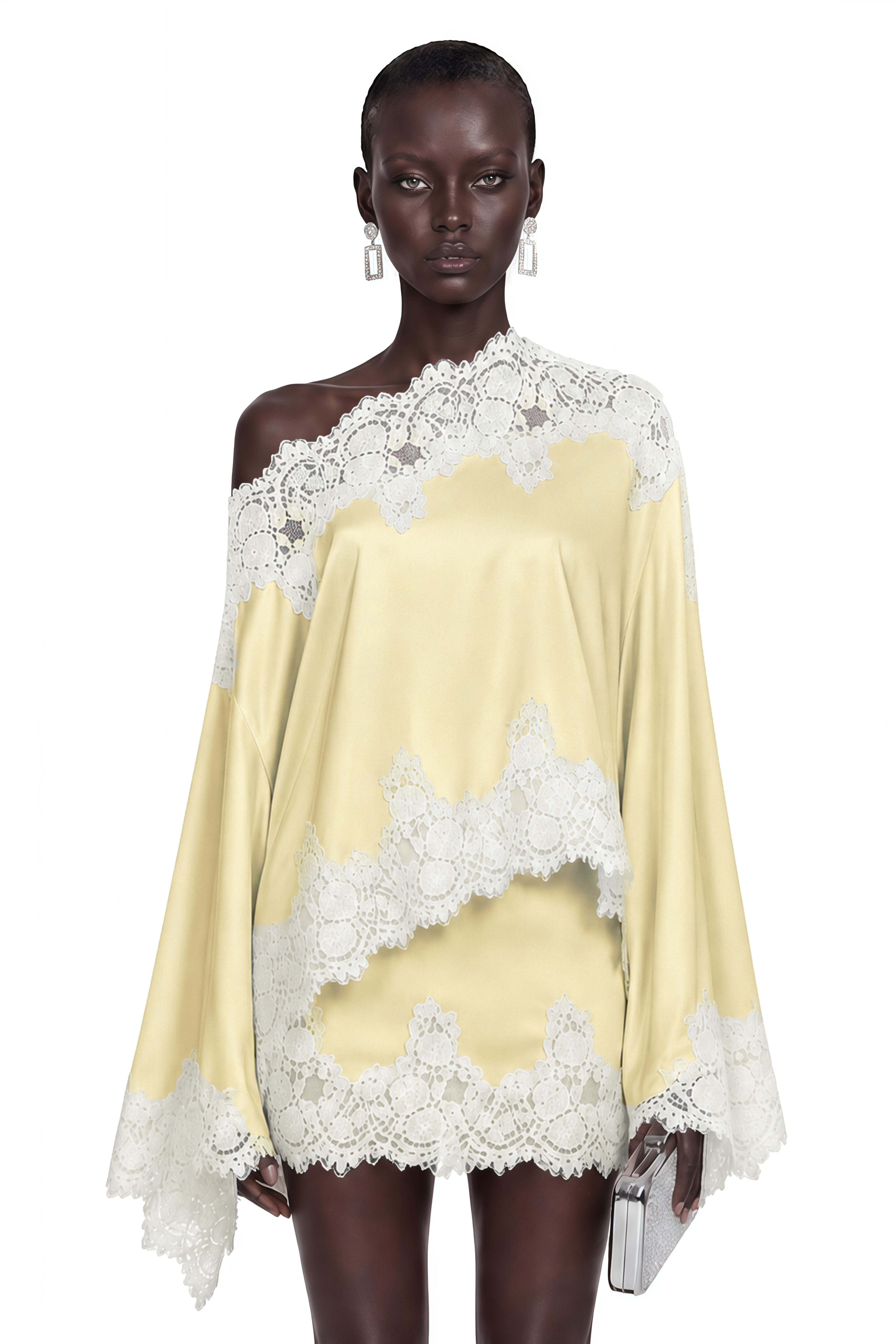 Pale yellow satin one-shoulder mini dress with white lace panels