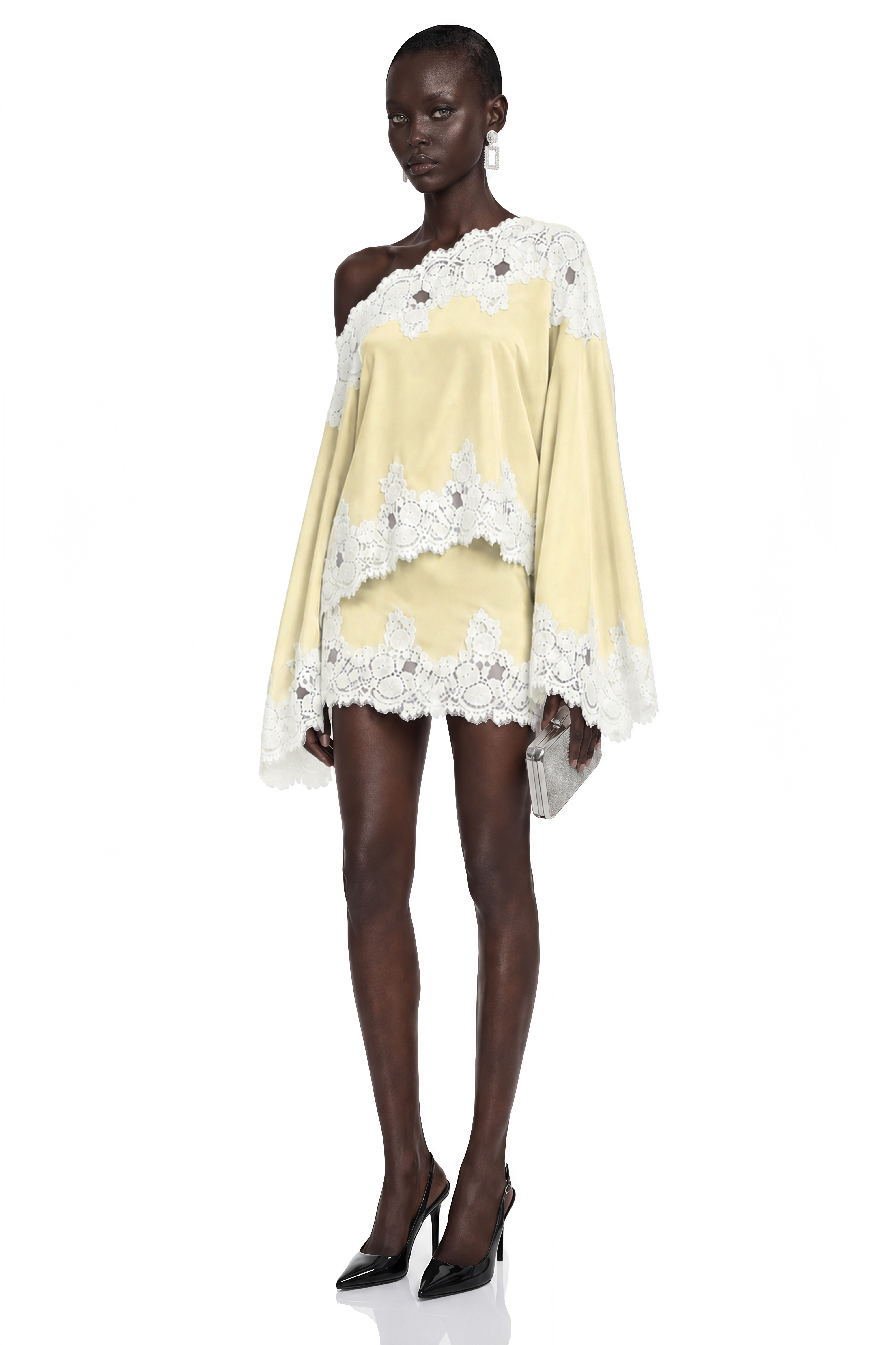 Pale yellow satin one-shoulder mini dress with white lace panels