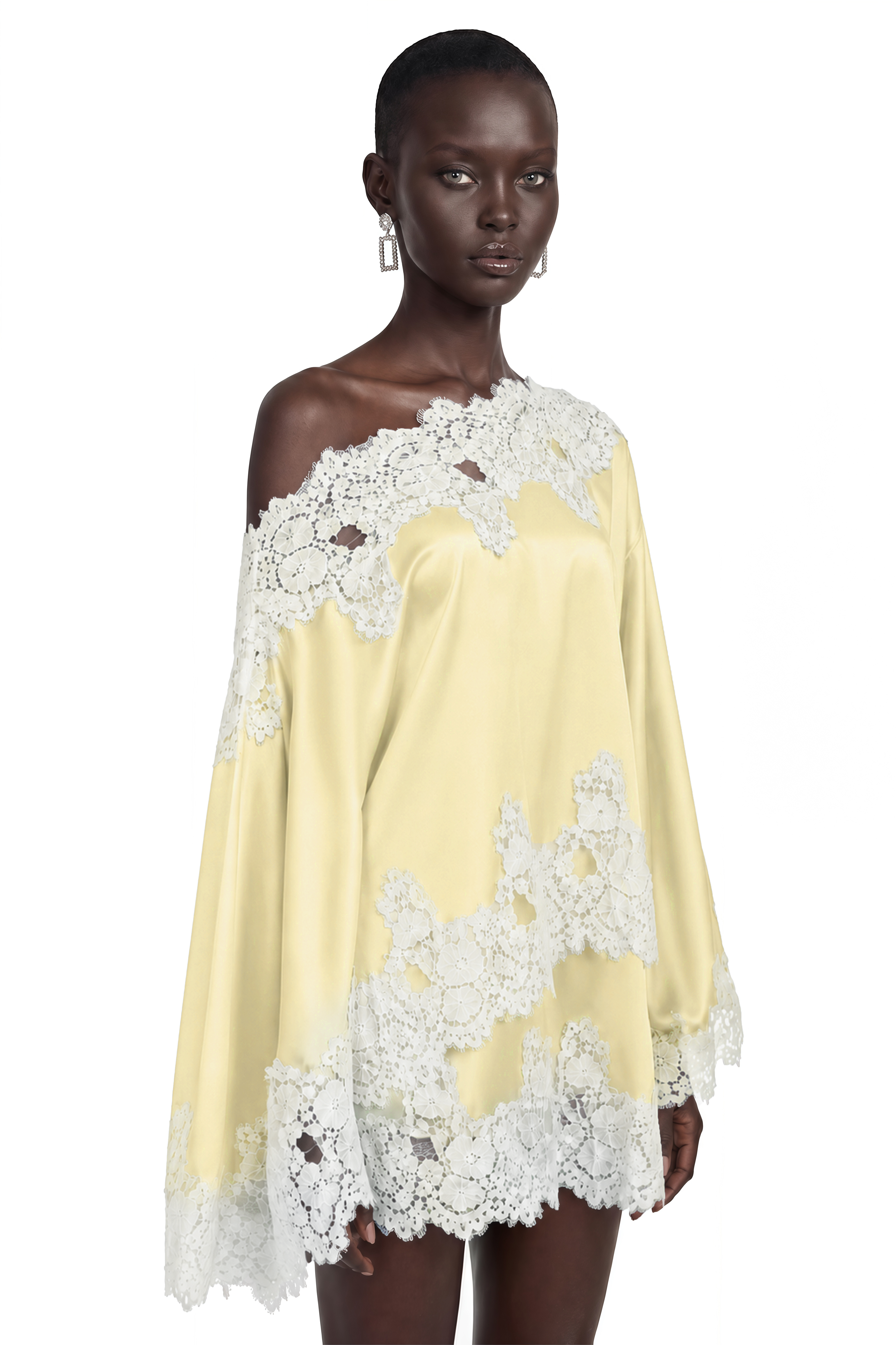 Pale yellow satin one-shoulder mini dress with white lace panels