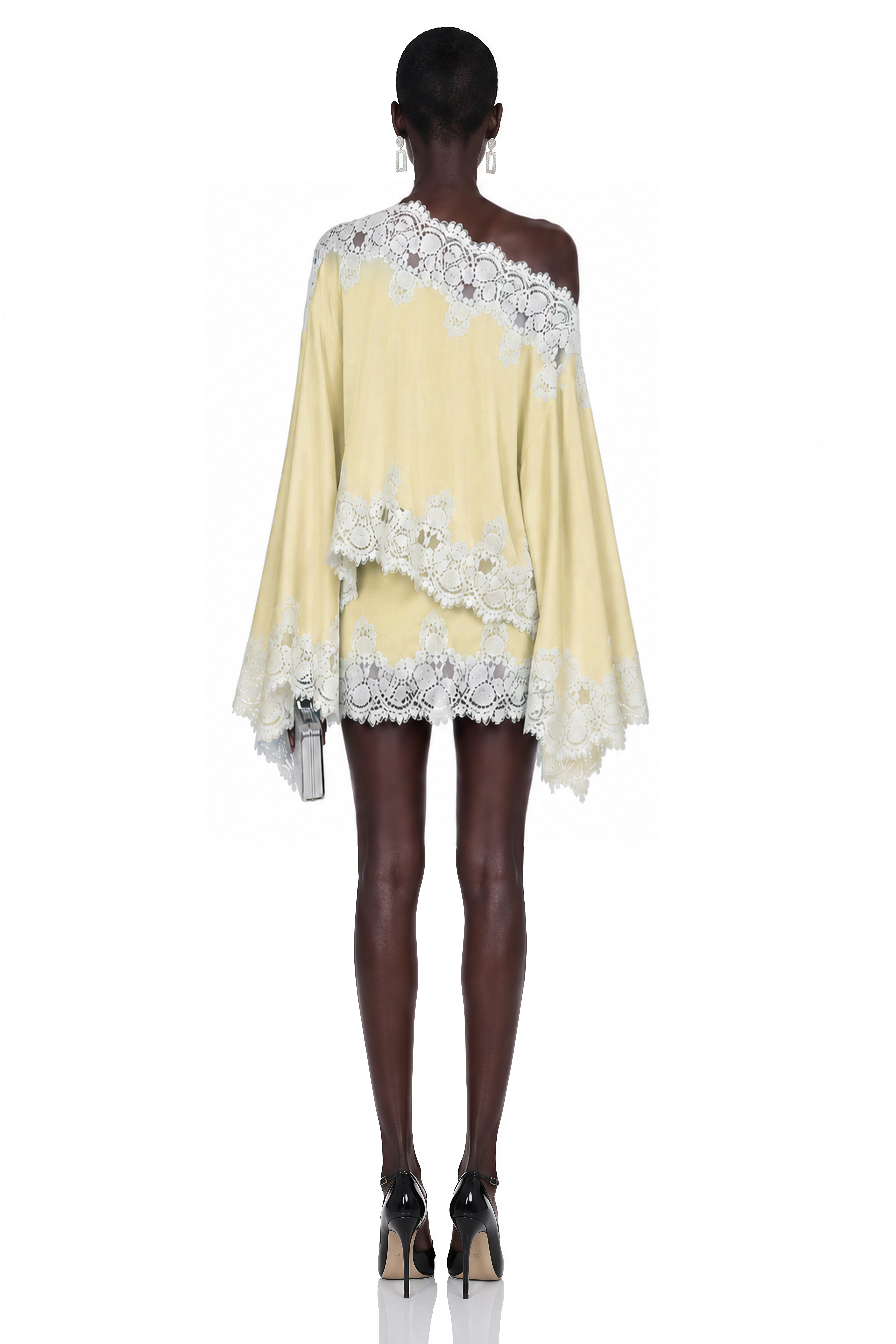 Pale yellow satin one-shoulder mini dress with white lace panels