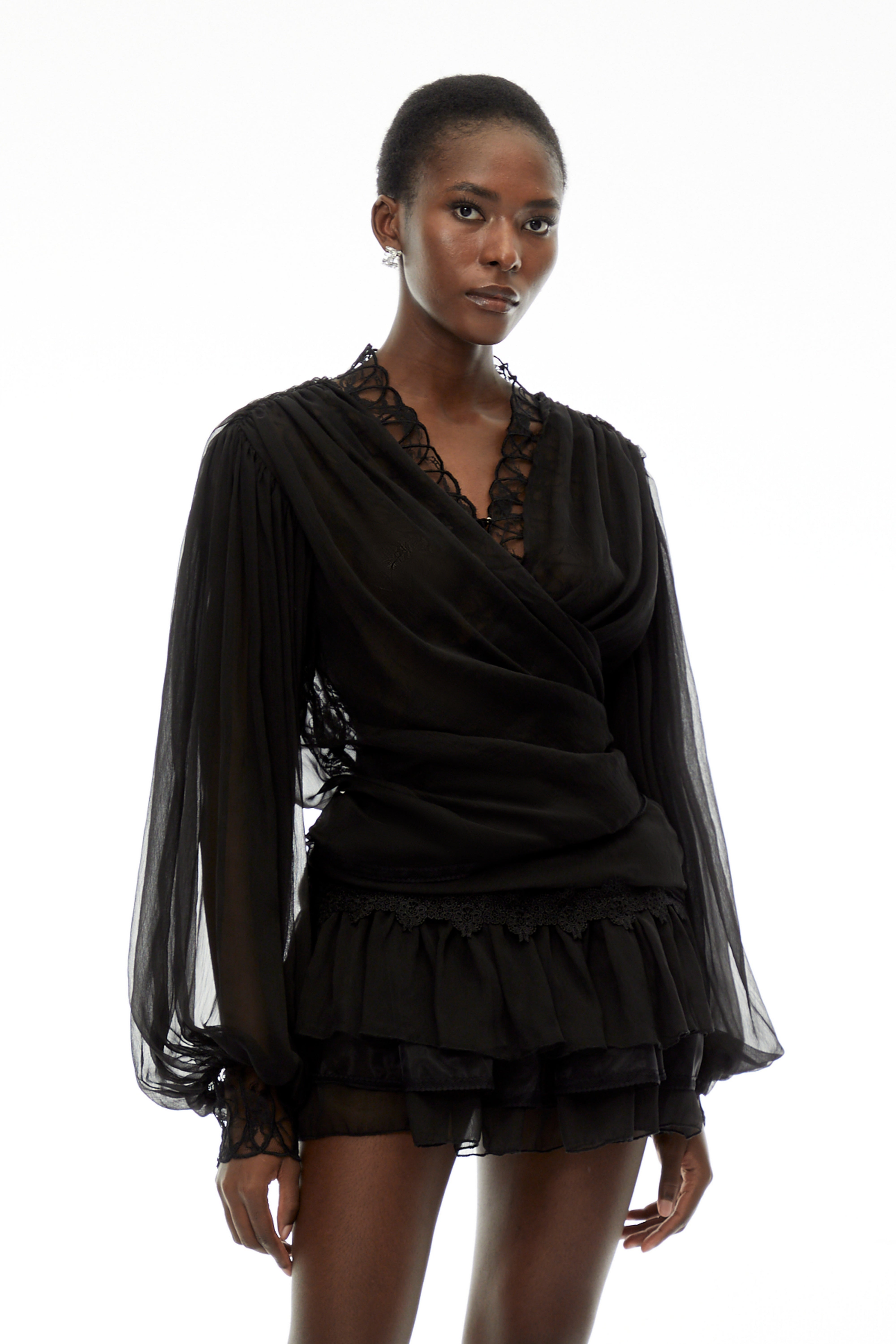 Sophie Black Lace Trim Blouse & Tiered Skirt Set (Final Sale-US Only)
