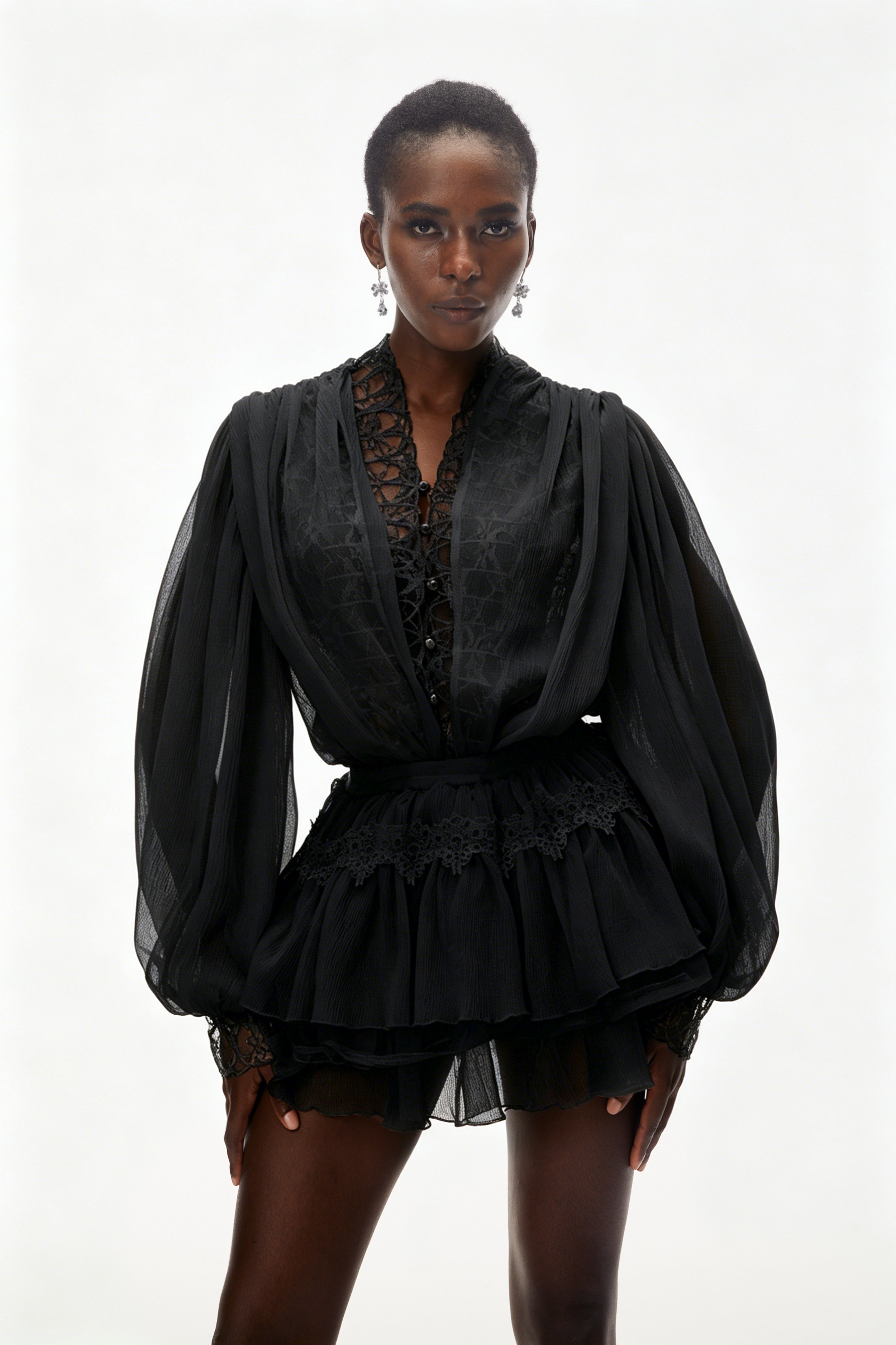 Black Sheer Lace Lantern Sleeve Layered Mini Dress