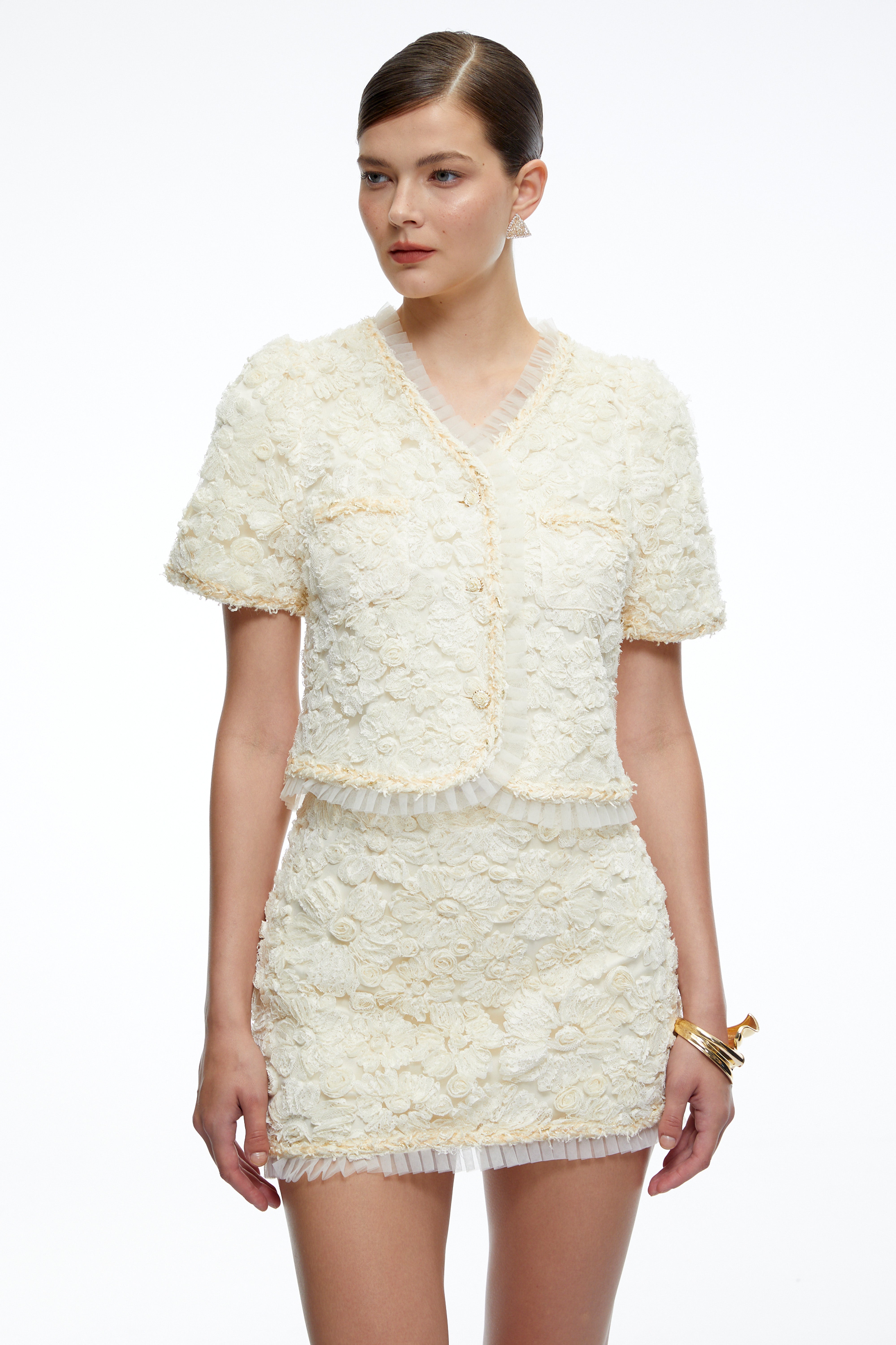 Aurelia Beige Floral Blouse & Mini Skirt Set