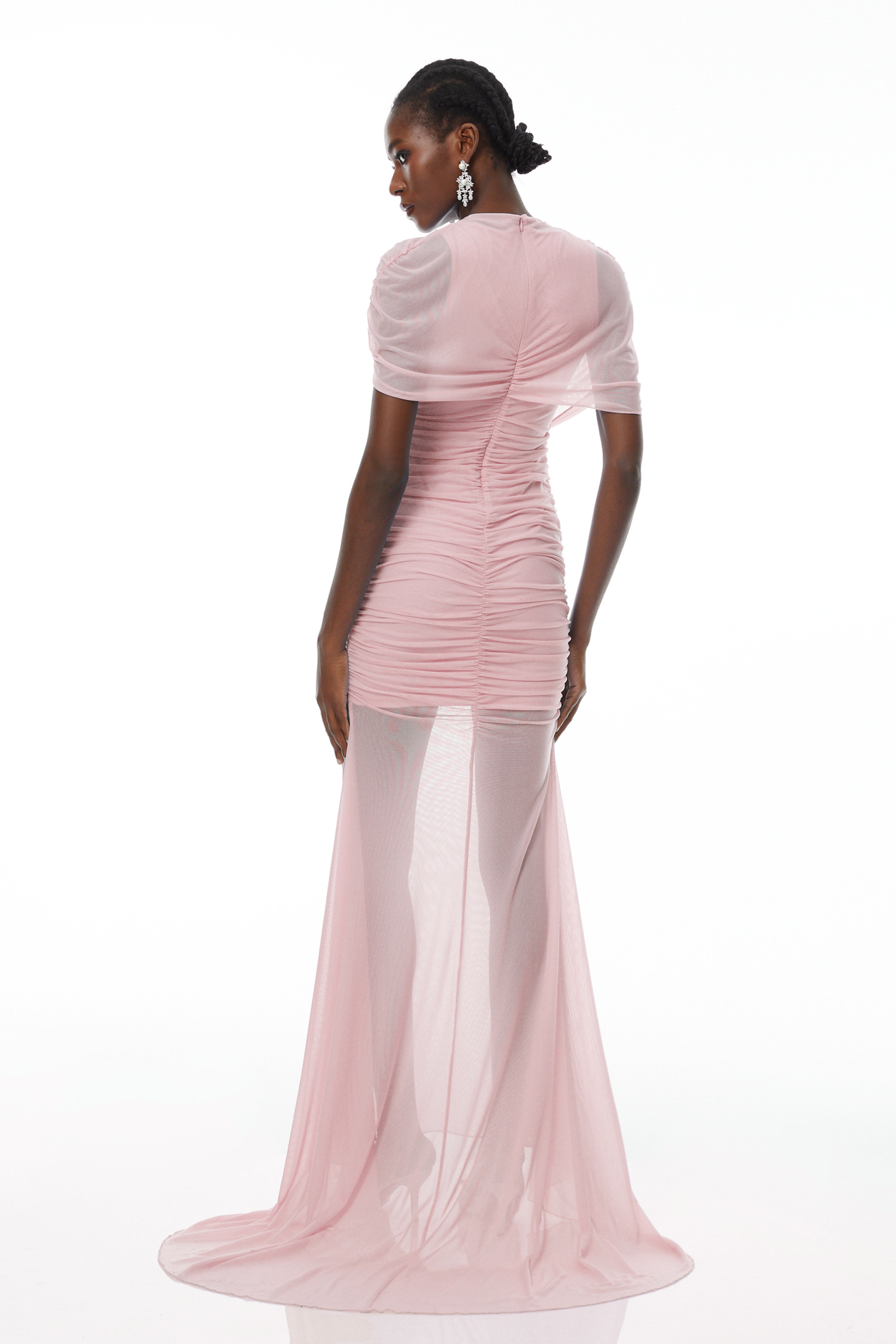 Asymmetrical Ruched Mesh Maxi Dress