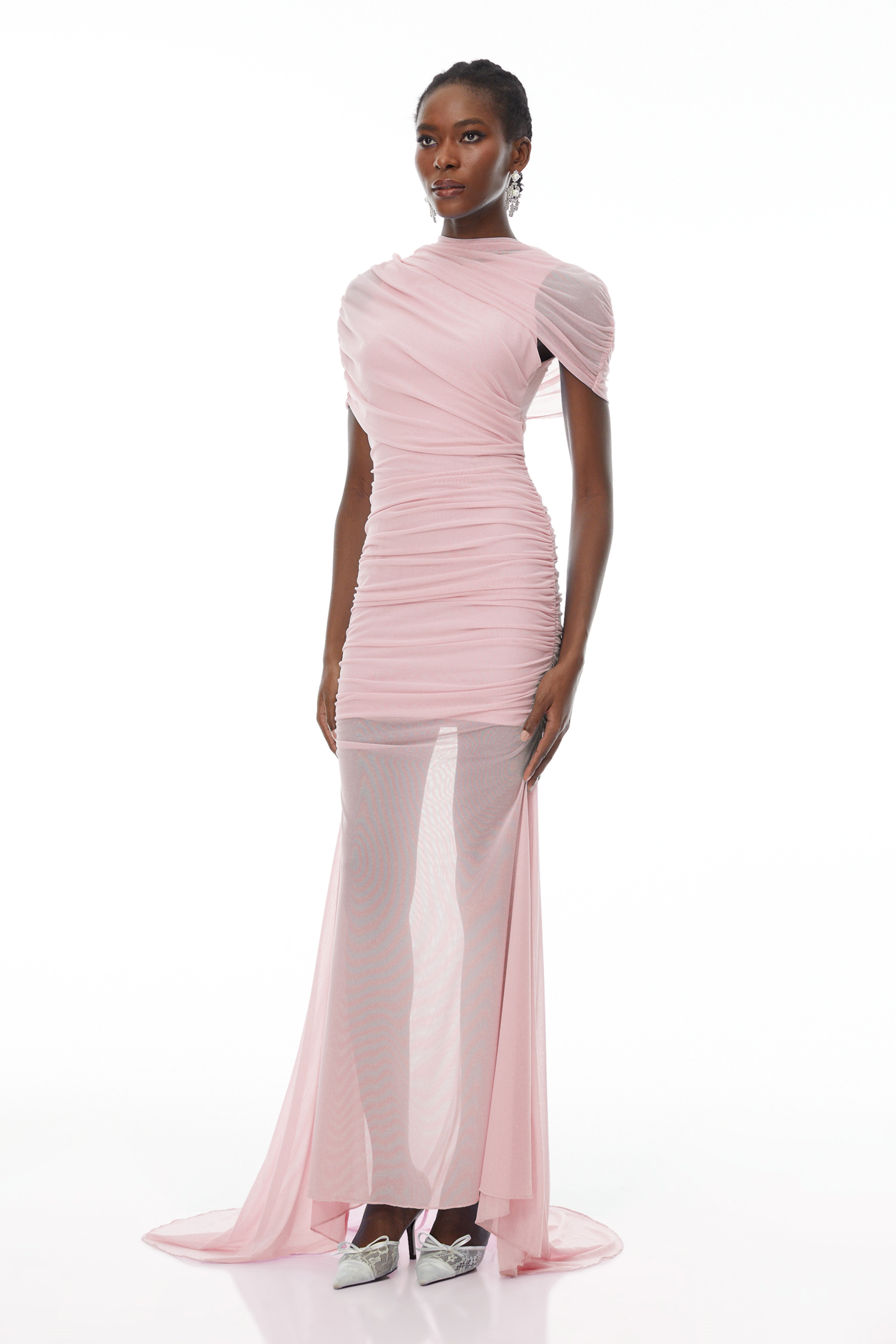 Asymmetrical Ruched Mesh Maxi Dress